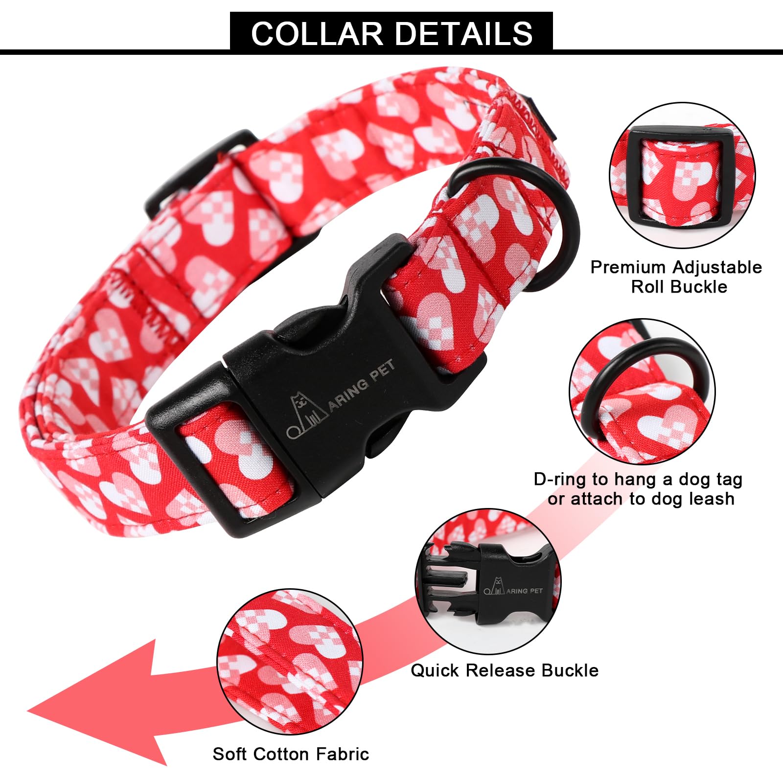 Valentine's Day Dog Collar-Cotton Heart Dog Collars, Adjustable Valentine Heart Pet Collars Puppy Collar with Quick Release Buckle for Girl&Boy Dogs