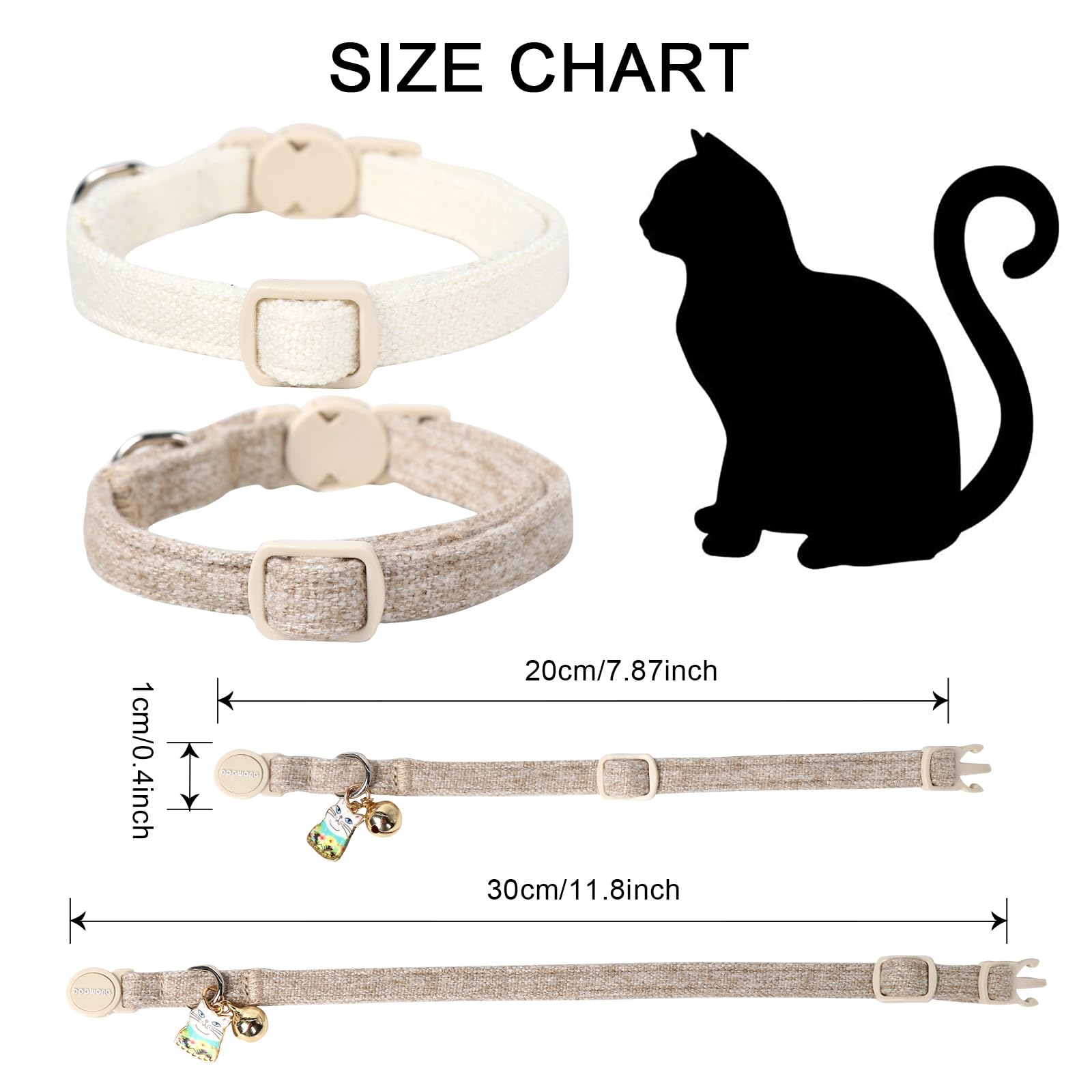 Cat Collar,2 Pack White Hemp Cat Collars Breakaway with Bell, Safety Buckle Wedding Cat Collar for Girl Boy Cats and Small Dogs，Adjustable 7-12 Inch,Pet Supplies Accessories