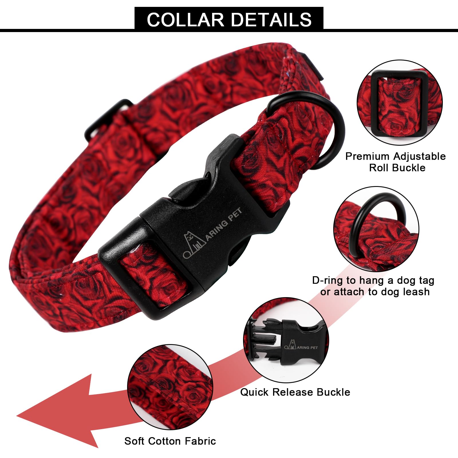 Valentine's Day Dog Collar-Cotton Red Rose Dog Collars, Adjustable Valentine Pet Collars Puppy Collar with Quick Release Buckle