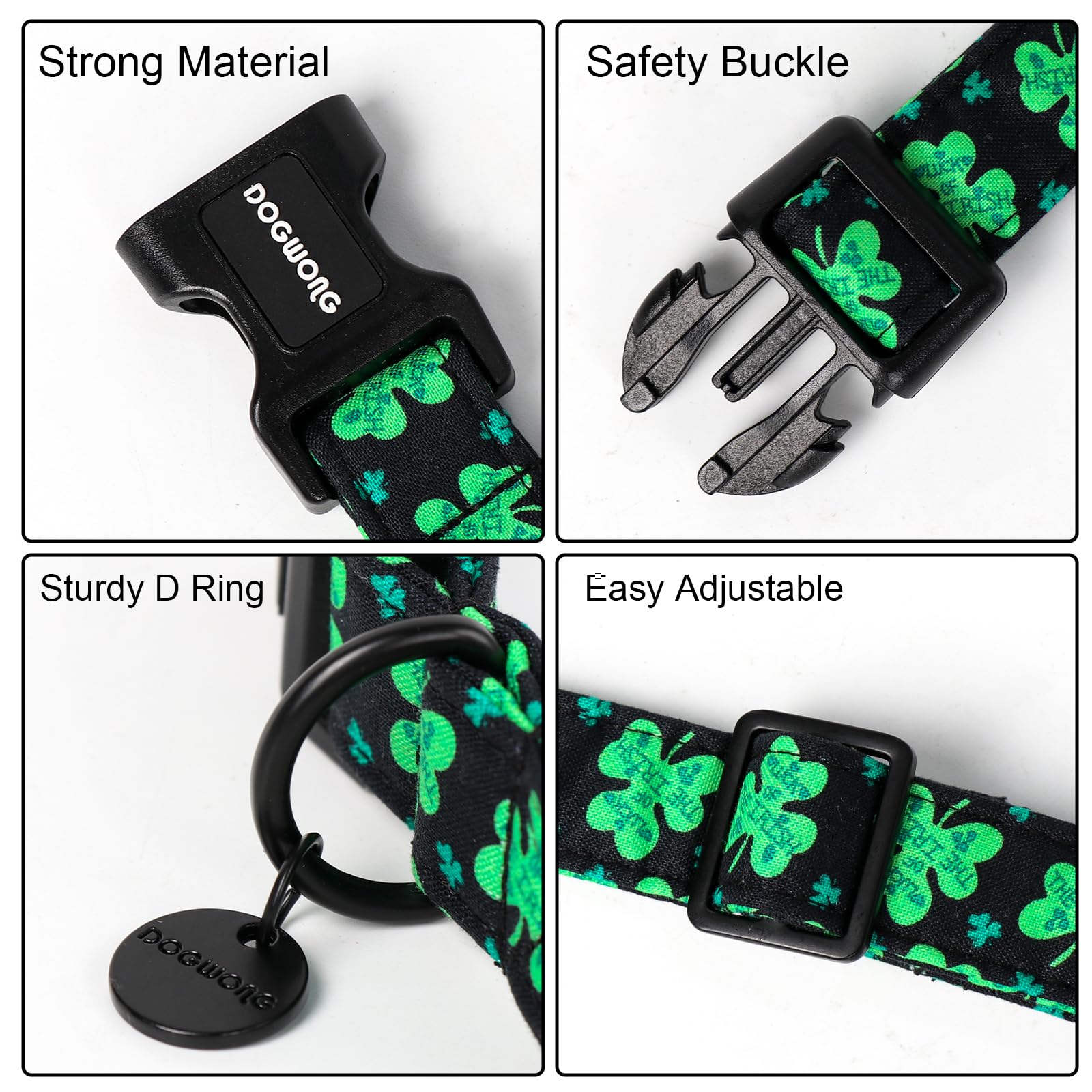 Black St. Patrick's Day Dog Collar, Green Lucky Clover Shamrock Dog Collar Soft Durable Adjustable Costume Bright Lucky Charm Puppy Collar for Small Medium Large Dog