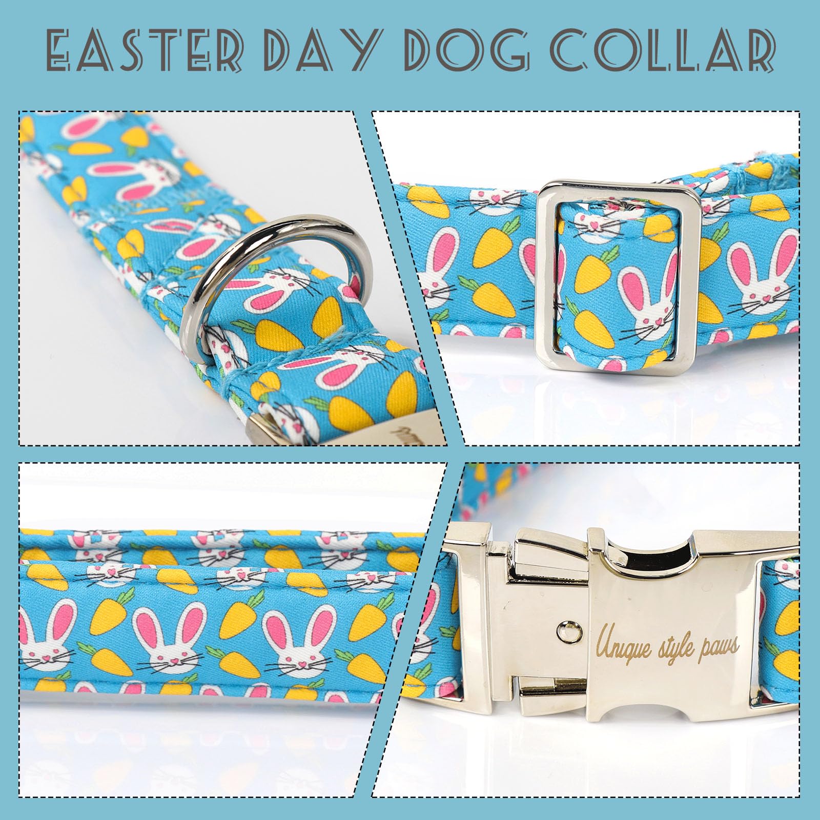Dog Collar Metal Buckle Collar for Easter Gift Pink Ear Rabbit Carrot Durable Cotton Collar for Small Medium Large Boys Girls Dogs