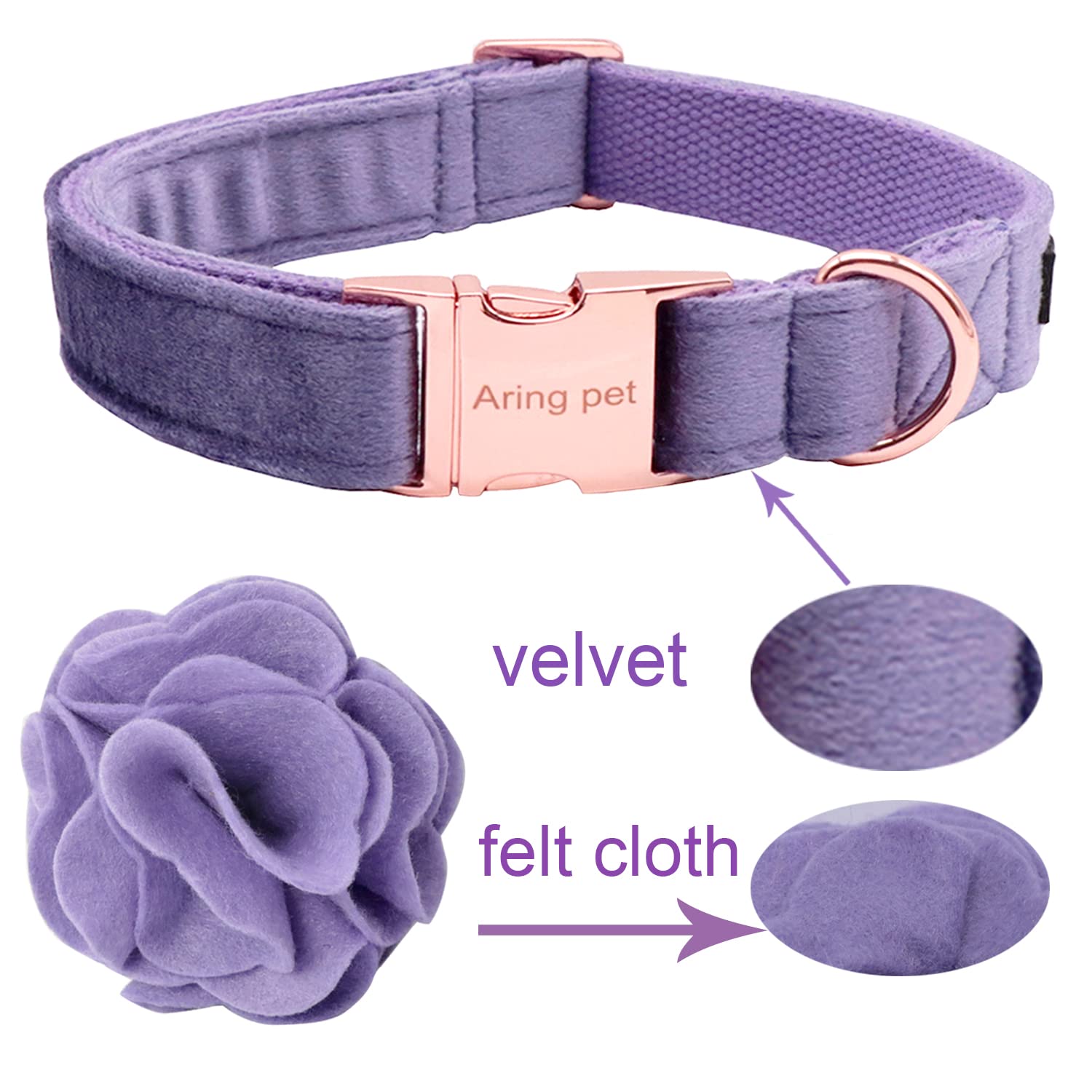 Velvet Dog Collar, Purple Dog Collars with Detachable Felt Flower, Adjustable Soft Comfortable Dogs Collar Flower with Metal Buckle for Small Medium Large Dogs