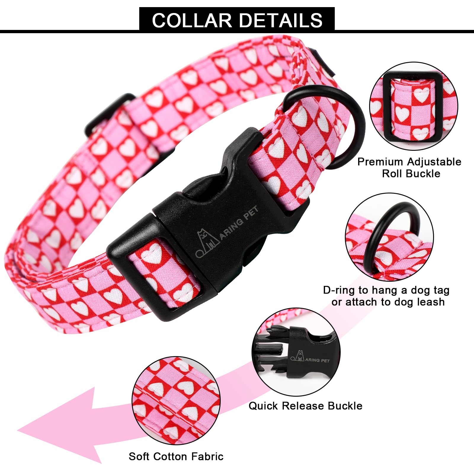 Valentine's Day Dog Collar-Cotton Pink Heart Dog Collar, Adjustable Valentine Pet Collars Girl Puppy Collar with Quick Release Buckle