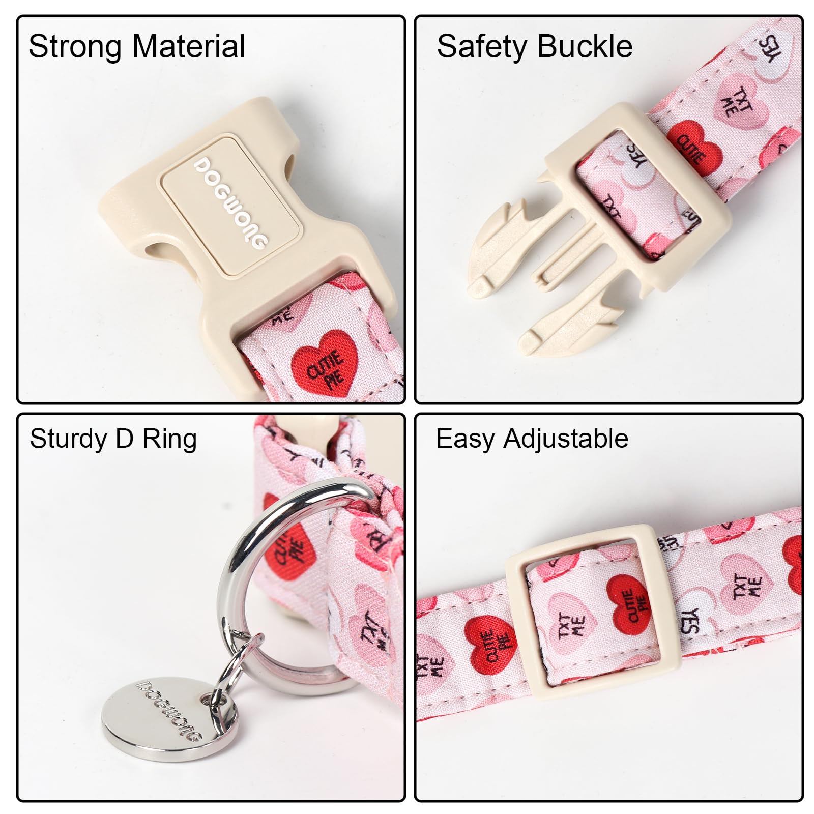 Valentine's Day Dog Collar, Adjustable Durable Pink Heart Dog Collar Cute Girl Dog Collar for Small Medium Large Dogs
