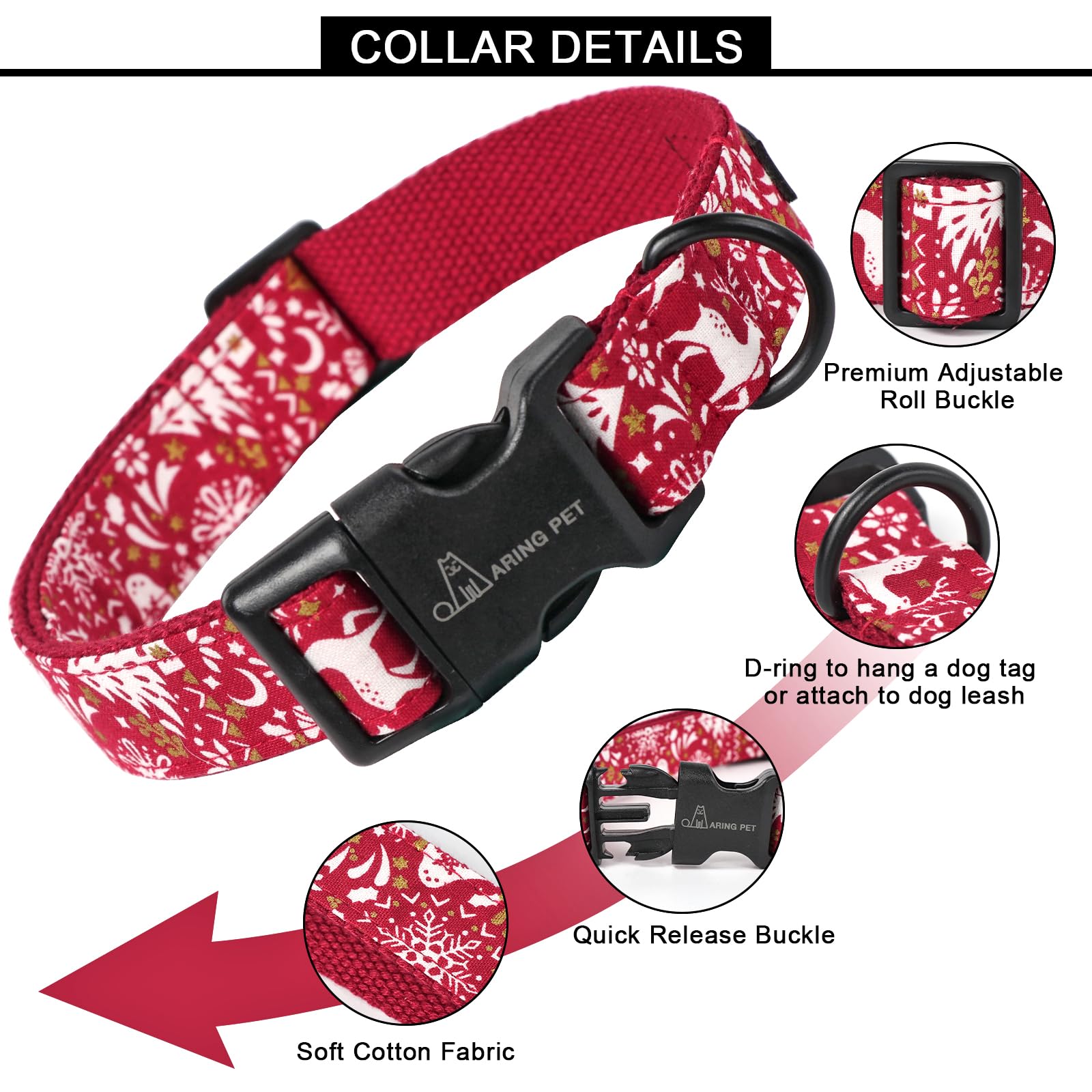 Christmas Dog Collar Cute Red Reindeer Dog Collars, Cotton Lightweight Christmas Dog Collars Puppy Collar for Small Medium Large Dogs