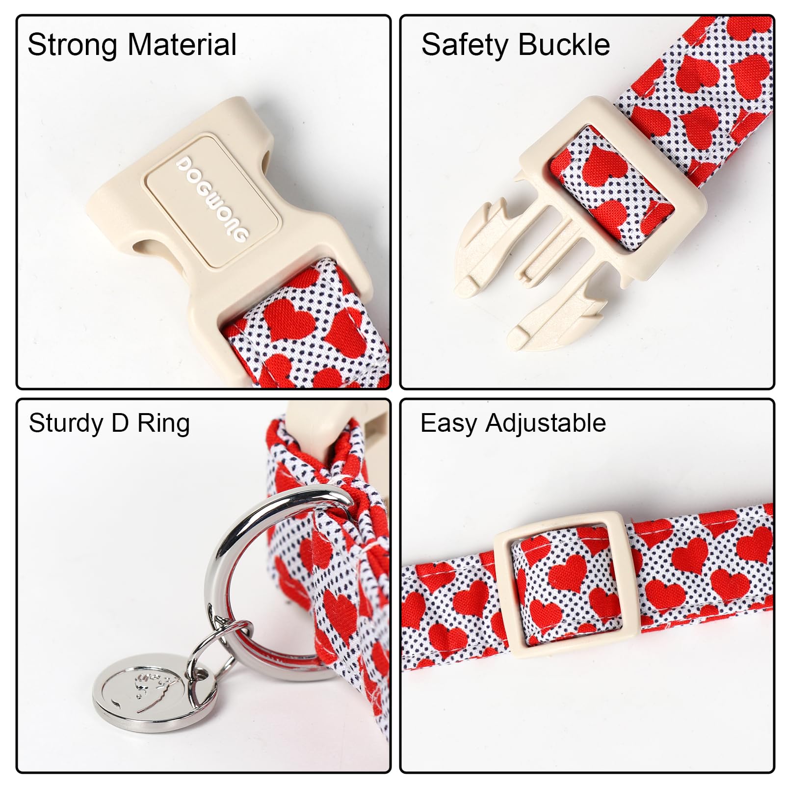 Valentine's Day Dog Collar,Red Heart Adjustable Cotton Heart Dog Collar,Perfect Dog Collar for Small Medium Large Dogs