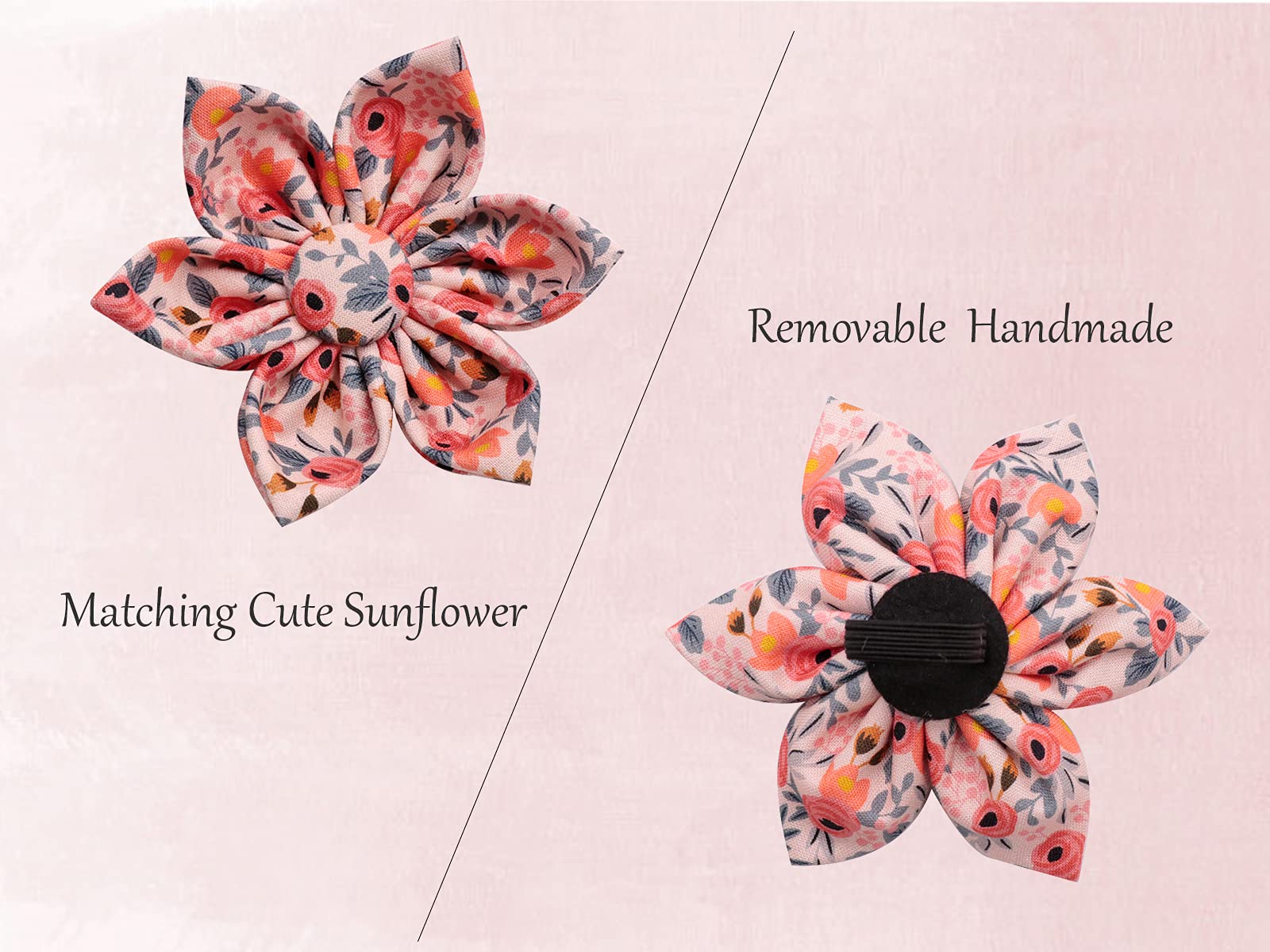 Peach Rose Adjustable Girl Dog Collar with Flower