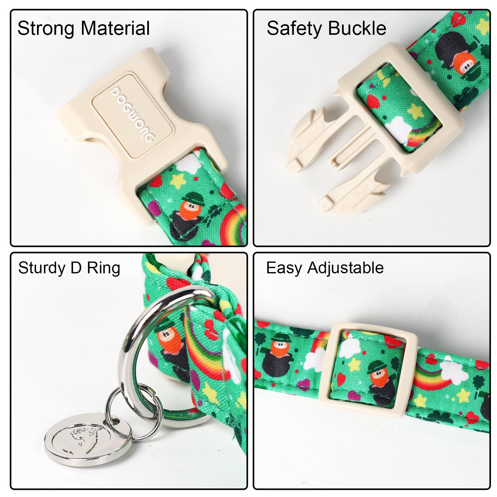 St. Patrick's Day Dog Collar, Lucky Clover Shamrock Green Dog Collar Soft Durable Adjustable Costume Bright Lucky Charm Puppy Collar for Small Medium Large Dog