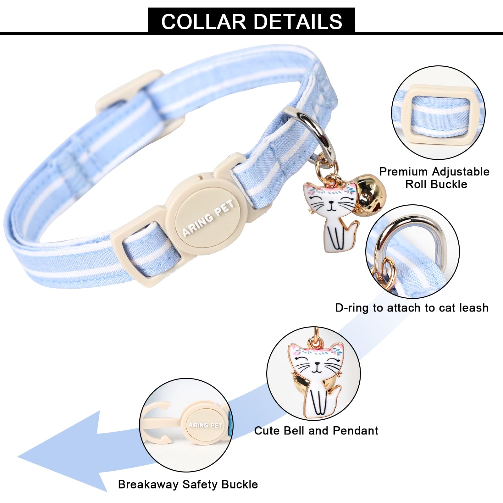 2 Pack Cat Collar-Cute Cotton Cat Collar with Bell & Pendant, Adjustable Blue Green Striped Kitten Collars with Safety Buckle for Girl and Boy Pets