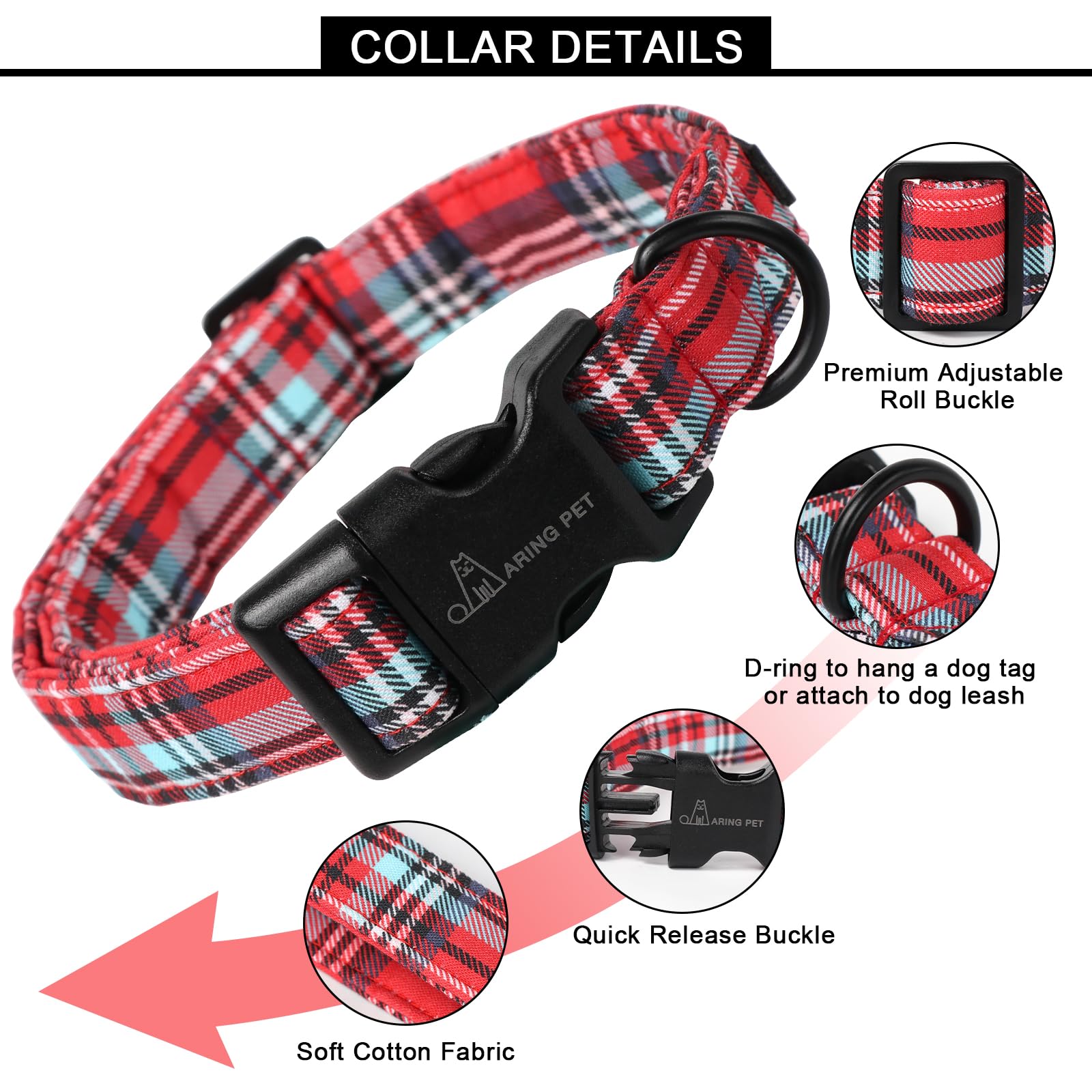 Christmas Dog Collar Cute Red Plaid Dog Collar, Adjustable Cotton Christmas Dog Collars Puppy Collar for Small Medium Large Dogs