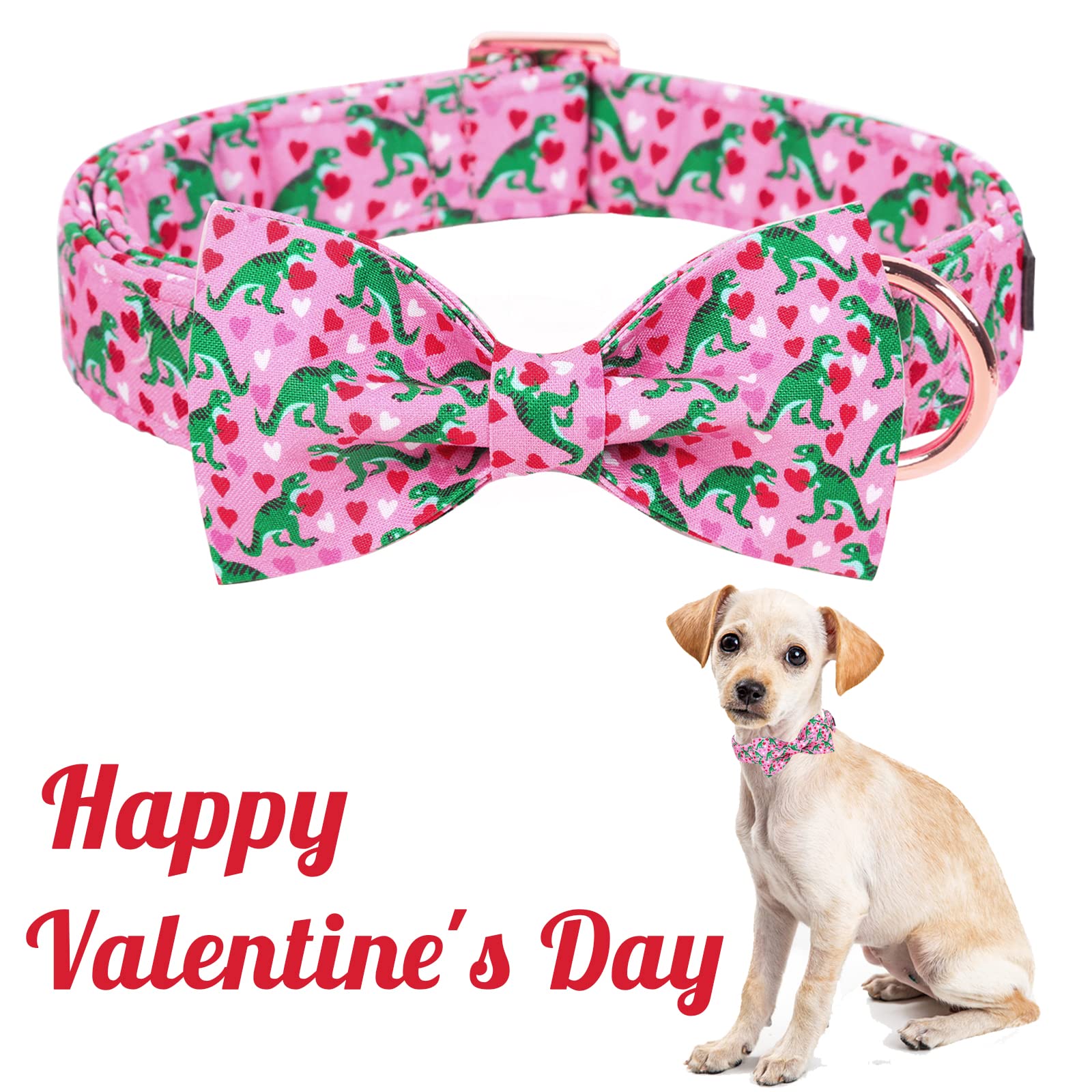 Pink Dinosaur & Heart Puppy Collar With Bowtie