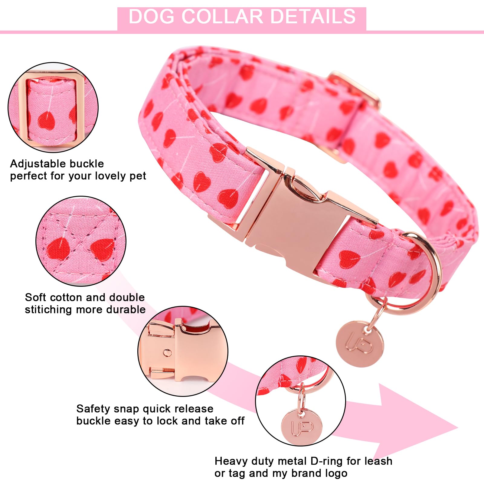 Valentine's Day Dog Collar,Pink Heart Dog Collar for Small Medium Large Girl Boy Dogs or Cats, Wedding Dog Collar Match Dog Leash, Pet Collar with Metal Buckle