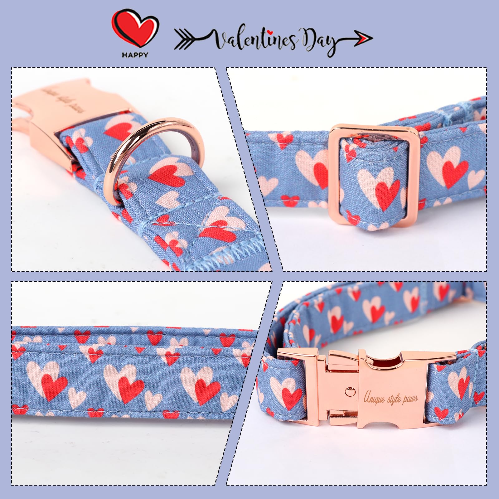 Valentine's Day Dog Collar Metal Buckle Collar Blue Pink Love Heart Gift for Small Medium Large Boys Girls Dogs Wedding