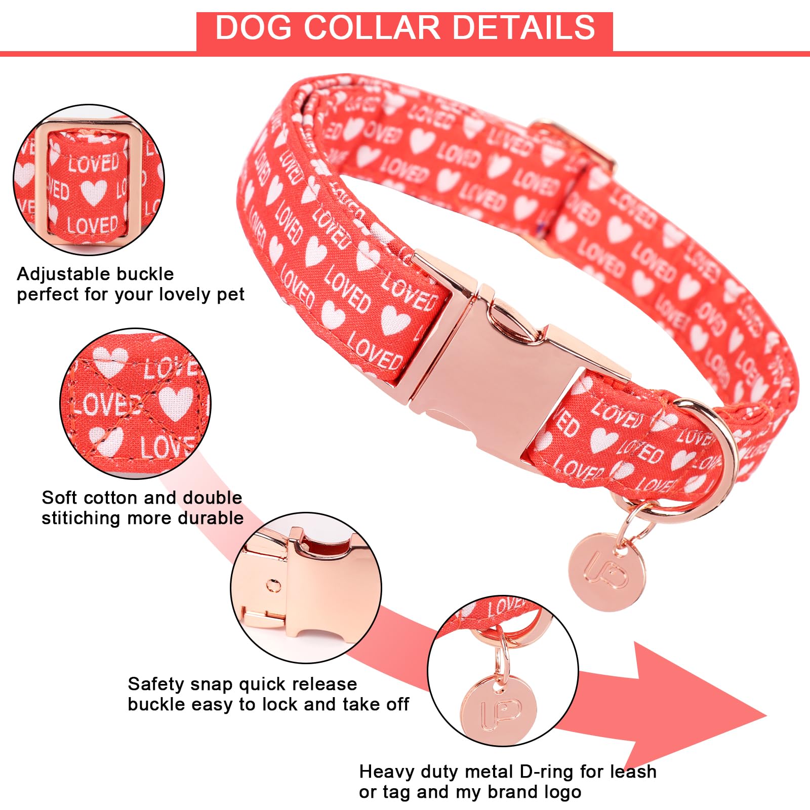 Valentine's Day Dog Collar,Red Heart Dog Collar for Small Medium Large Girl Boy Dogs or Cats, Wedding Dog Collar Match Dog Leash, Pet Collar with Metal Buckle