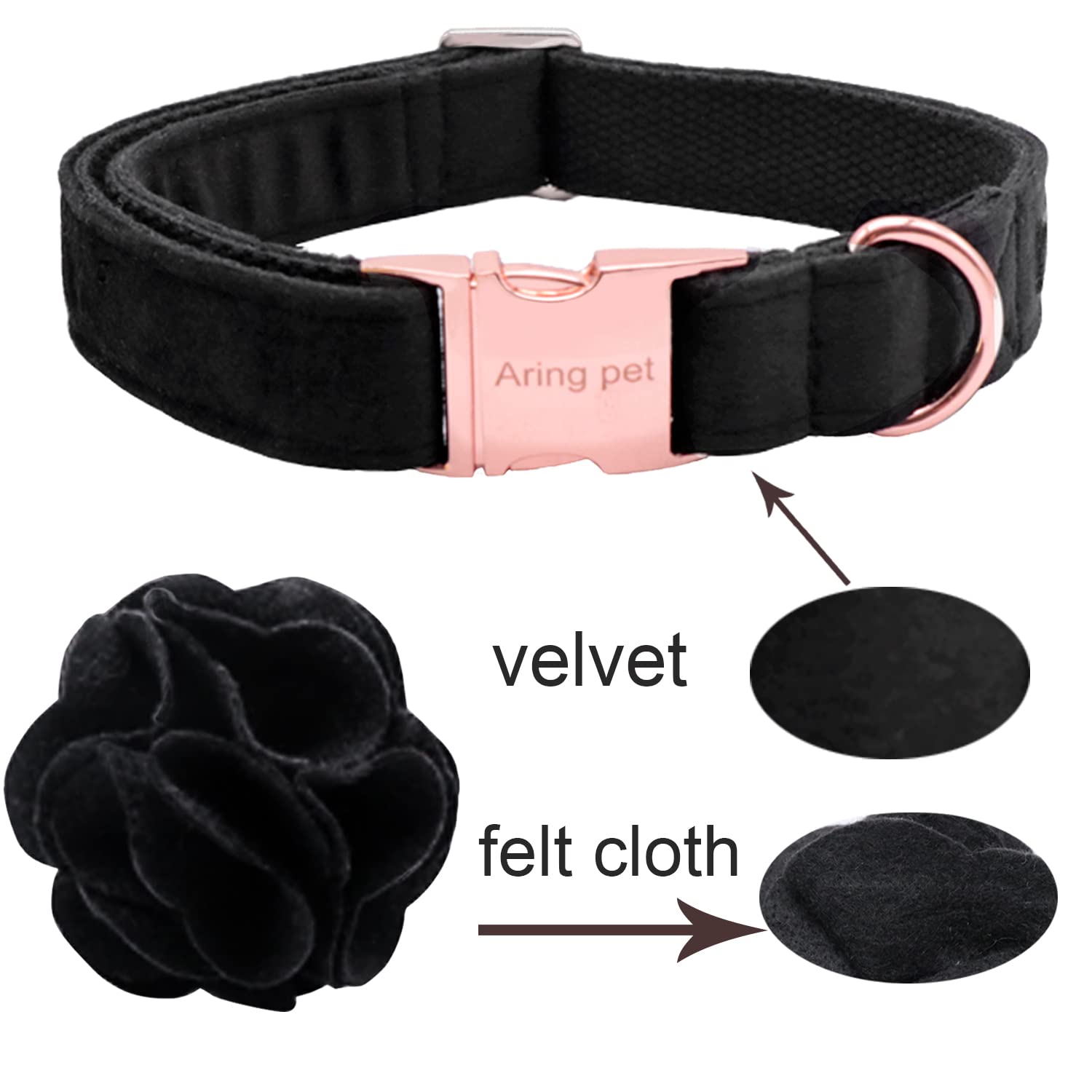 Velvet Dog Collar, Adorable Black Dog Collars with Detachable Felt Flower, Adjustable Soft Velvet Dogs Collar Flower with Metal Buckle for Small Medium Large Dogs