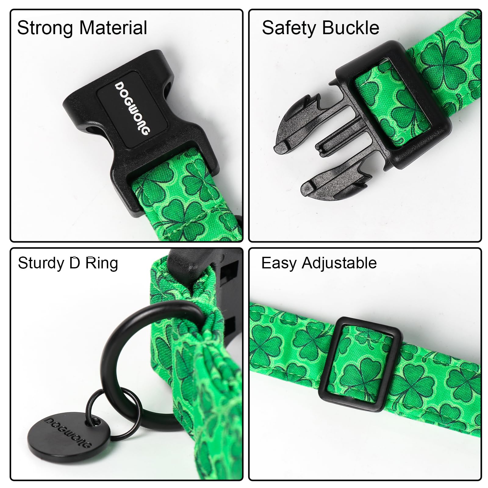 St. Patrick's Day Dog Collar, Green Lucky Clover Shamrock Green Dog Collar Soft Durable Adjustable Costume St. Patrick's Day Lucky Charm Puppy Collar for Small Medium Large Dog