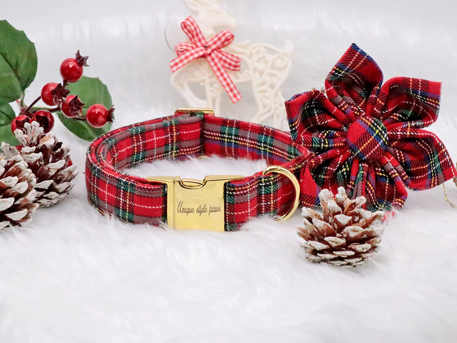 Christmas Grid Dog Collar, Female or Male Adjustable Dog Collar with Flower