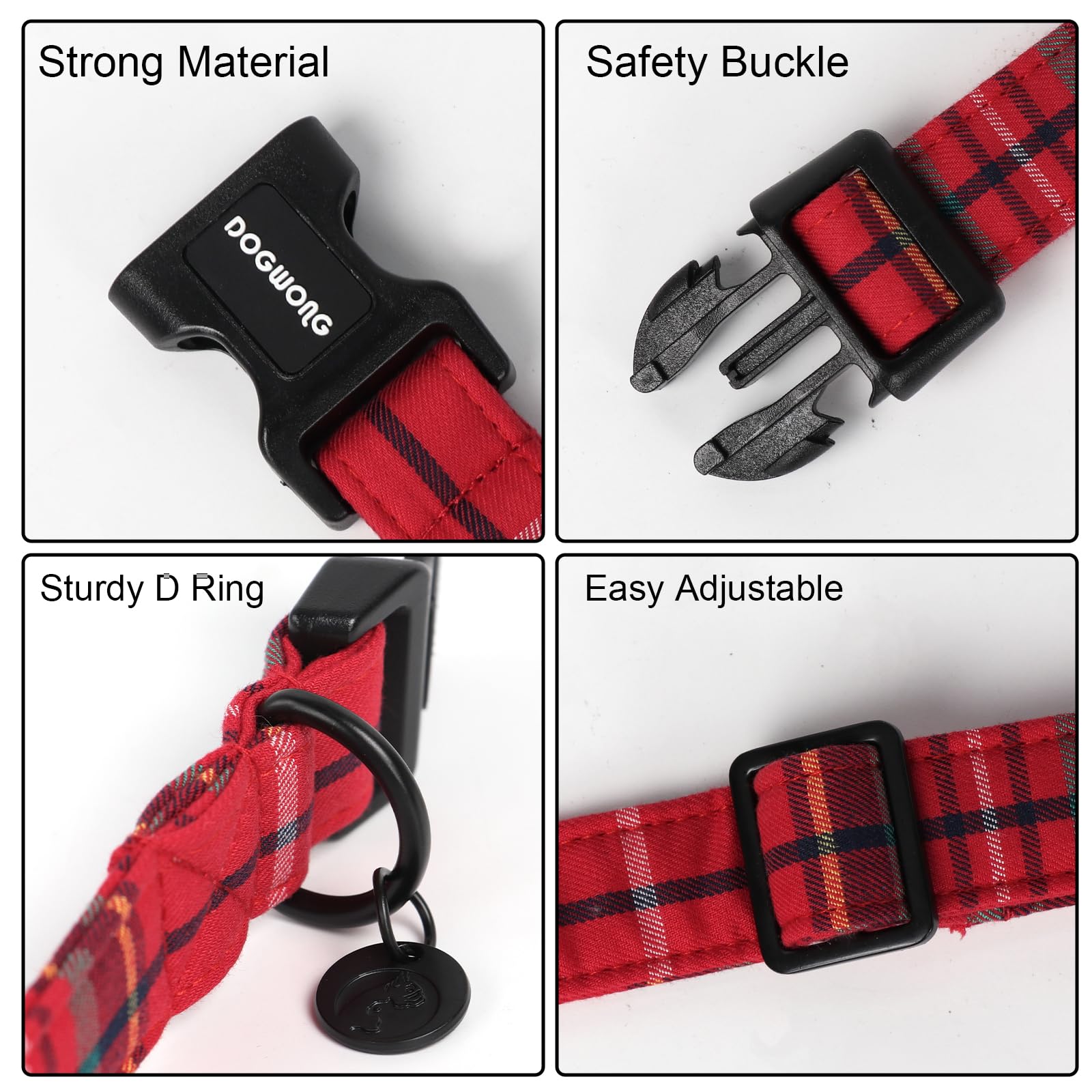 Christmas Cotton Dog Collar, Heavy-Duty Red Plaid Dog Collar Durable Soft Fabric Pet Dog Collar Cute Christmas Red Grid Puppy Necklace for Small Medium Large Dog