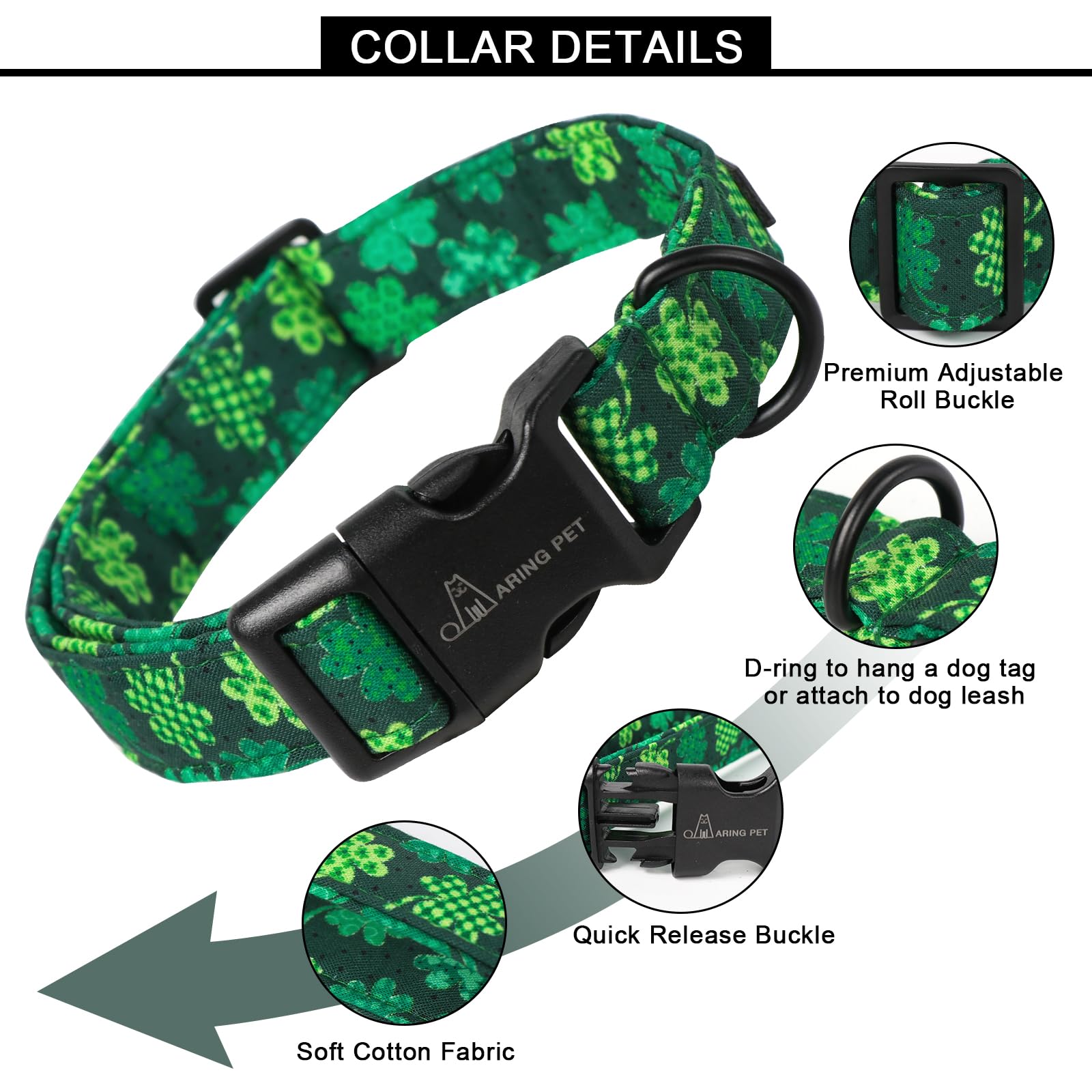 St Patrick's Day Dog Collar-Cute Clovers Dog Collar, Adjustable Cotton Shamrock Pet Collar Trefoil Puppy Collars with Quick Release Buckle