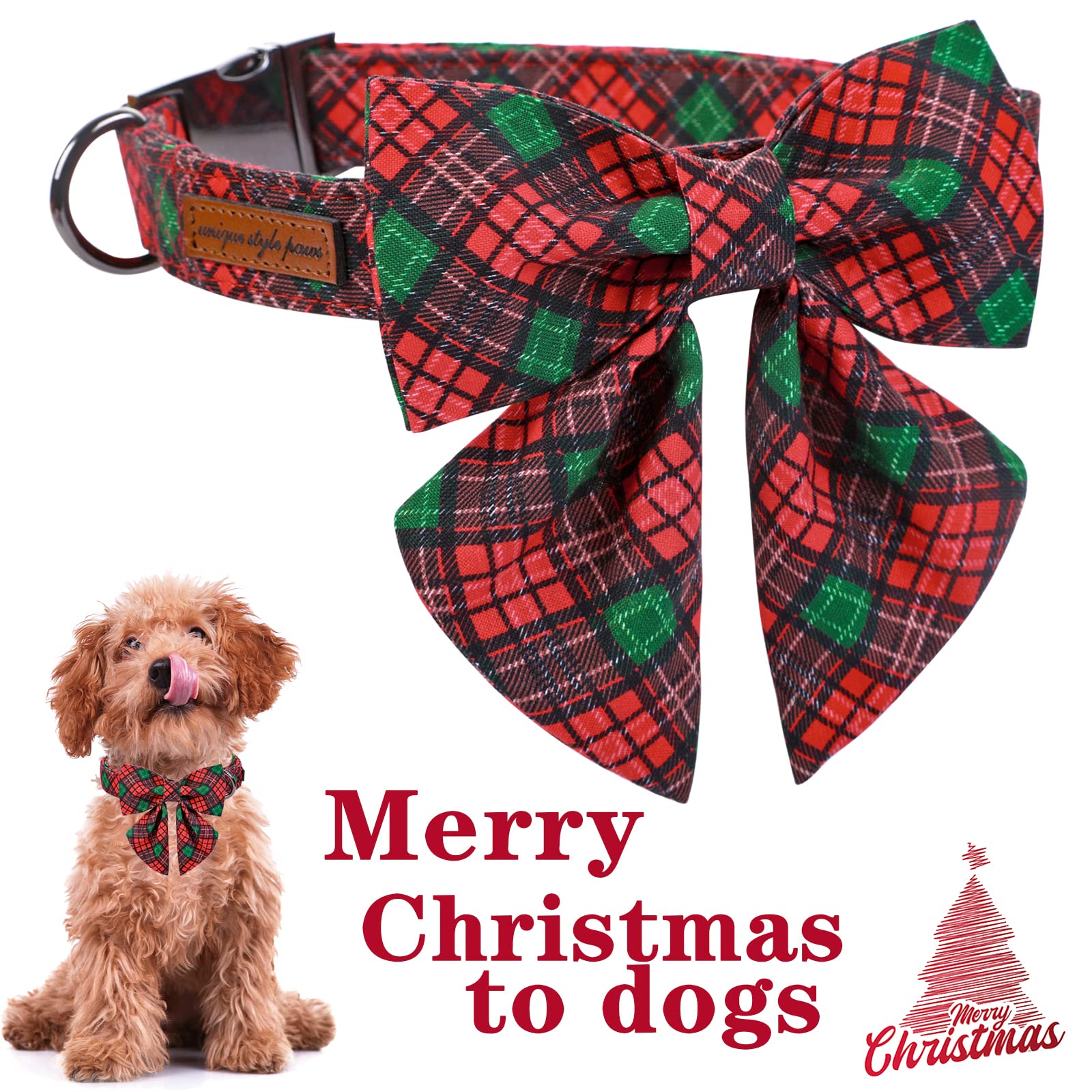 Red Green Plaid Adjustable Cotton Puppy Collar with Sailor Bow