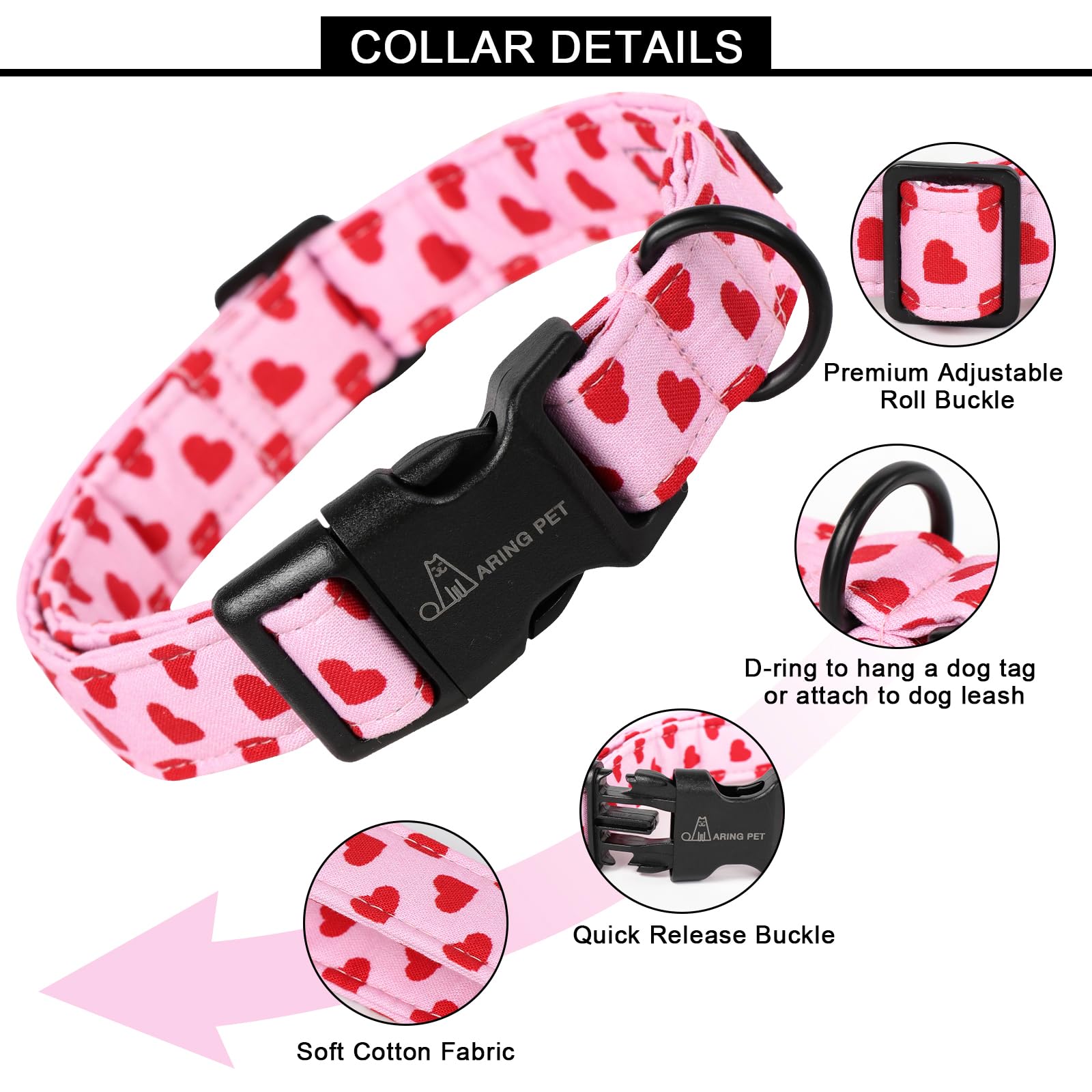 Valentine's Day Dog Collar-Cute Cotton Heart Dog Collars, Adjustable Valentine Pink Heart Pet Collars Girl Puppy Collar with Quick Release Buckle