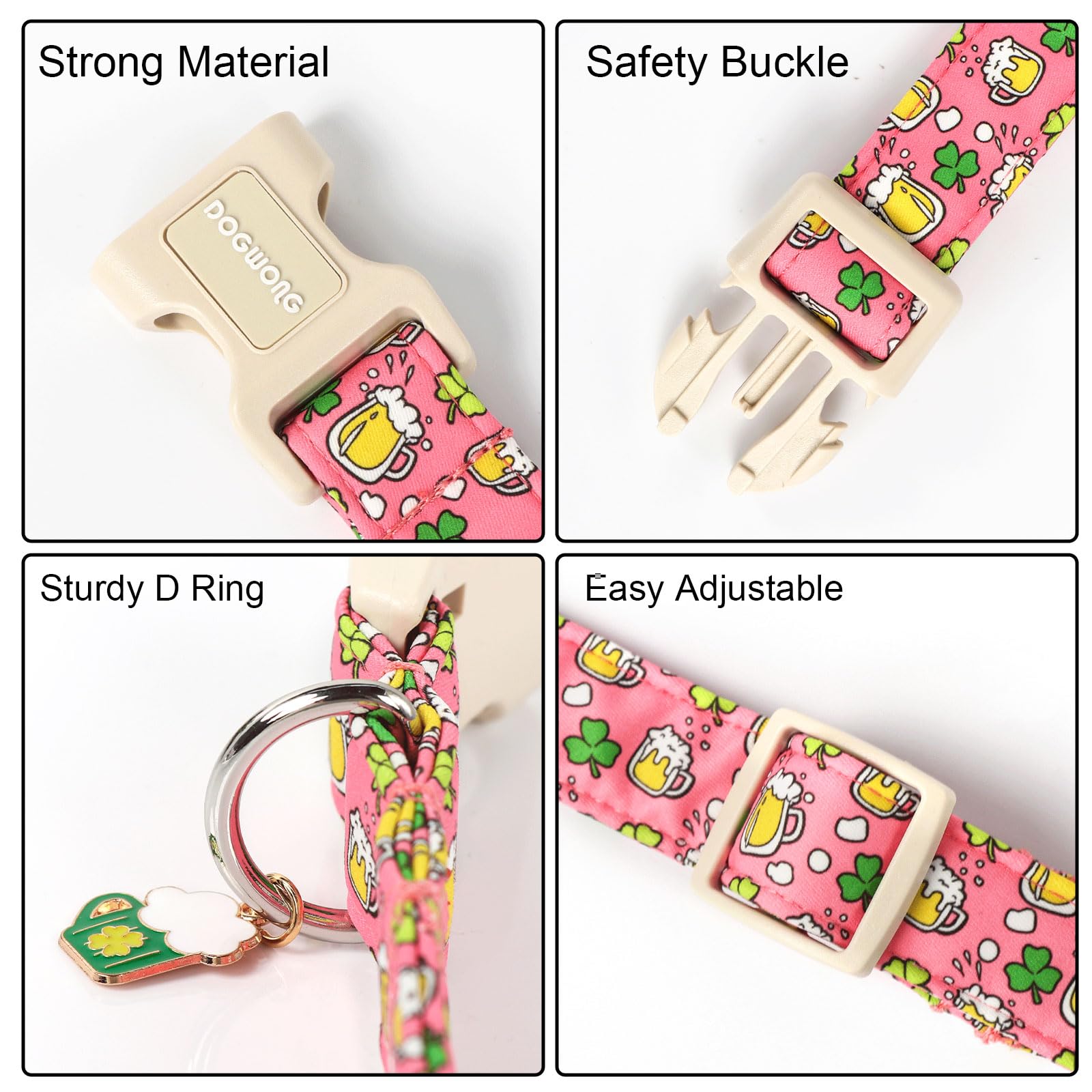 St. Patrick's Day Dog Collar, Pink Green Clover Dog Collars, Adjustable St. Patrick's Day Pet Collars Beer Dog Collar with Quick Release Buckle for Girl Female Dogs