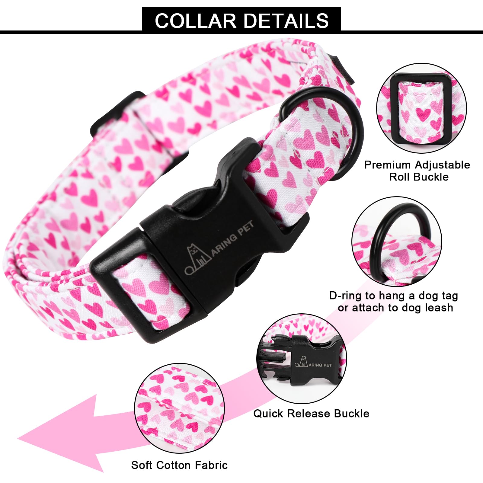 Valentine's Day Dog Collar-Cute Cotton Heart Dog Collars, Adjustable Valentine Heart Pet Collars Girl Puppy Collar with Quick Release Buckle
