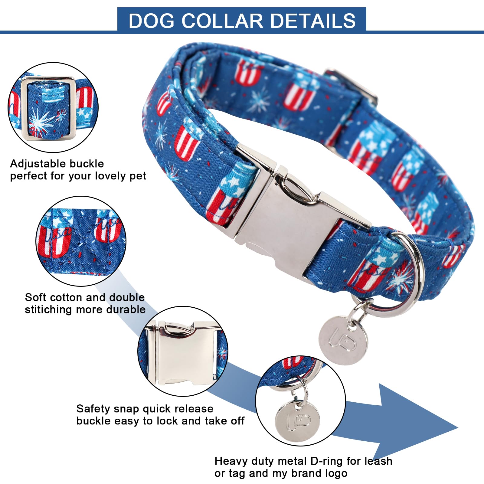 4th of July,Dog Collar, Patriotic Dog Collar, American Flag Collar for Puppy Boy Girl Dog or Cat, Comfortable Summer Collar with Metal Buckle