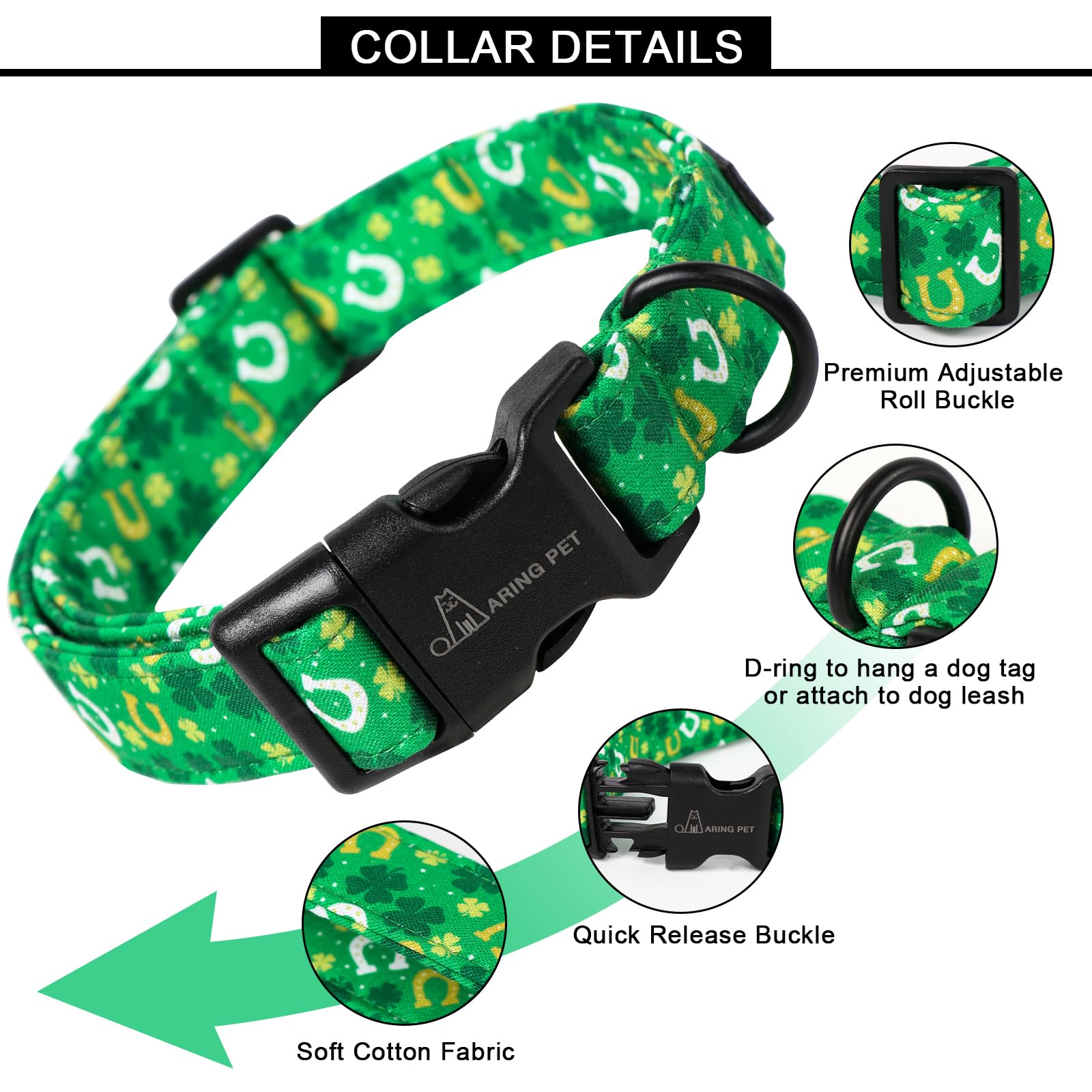 St Patrick's Day Dog Collar-Cotton Clovers Dog Collar, Adjustable Shamrock Pet Collar Trefoil Puppy Collars with Quick Release Buckle