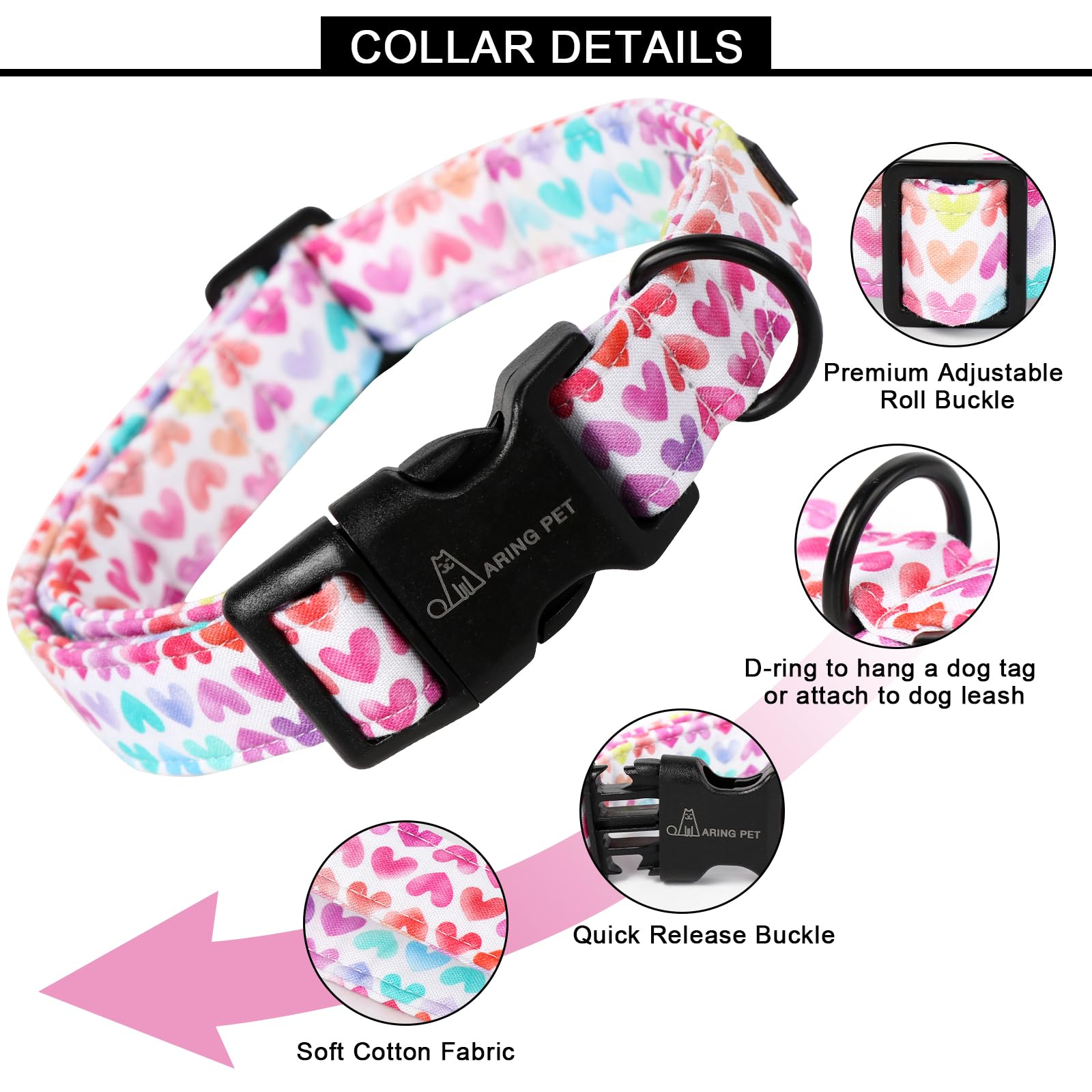 Valentine's Day Dog Collar-Cute Cotton Heart Dog Collars, Adjustable Valentine Heart Pet Collars Girl Puppy Collar with Quick Release Buckle