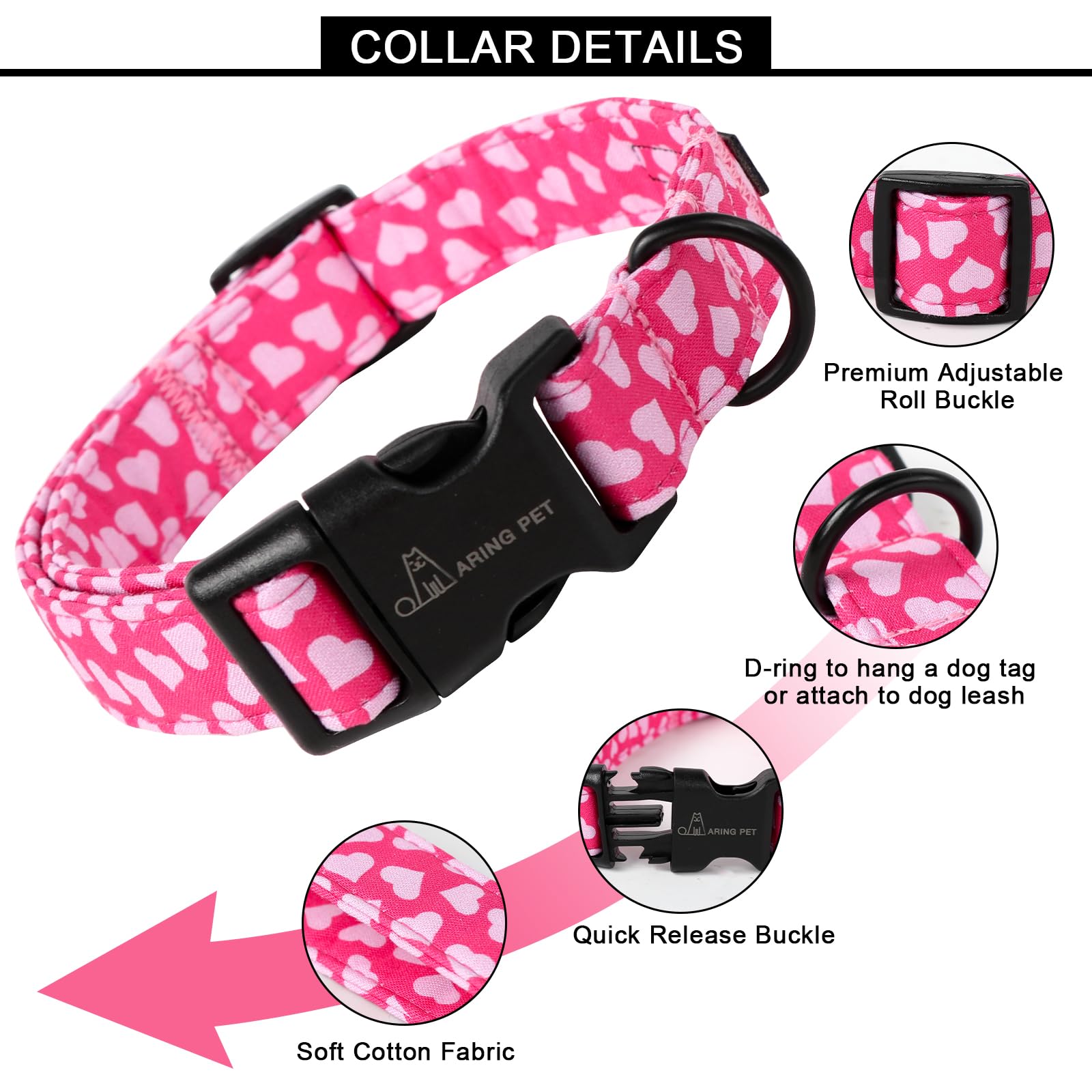 Valentine's Day Dog Collar-Cotton Pink Heart Dog Collars, Adjustable Valentine Heart Pet Collars Puppy Collar with Quick Release Buckle for Girl&Boy Dogs