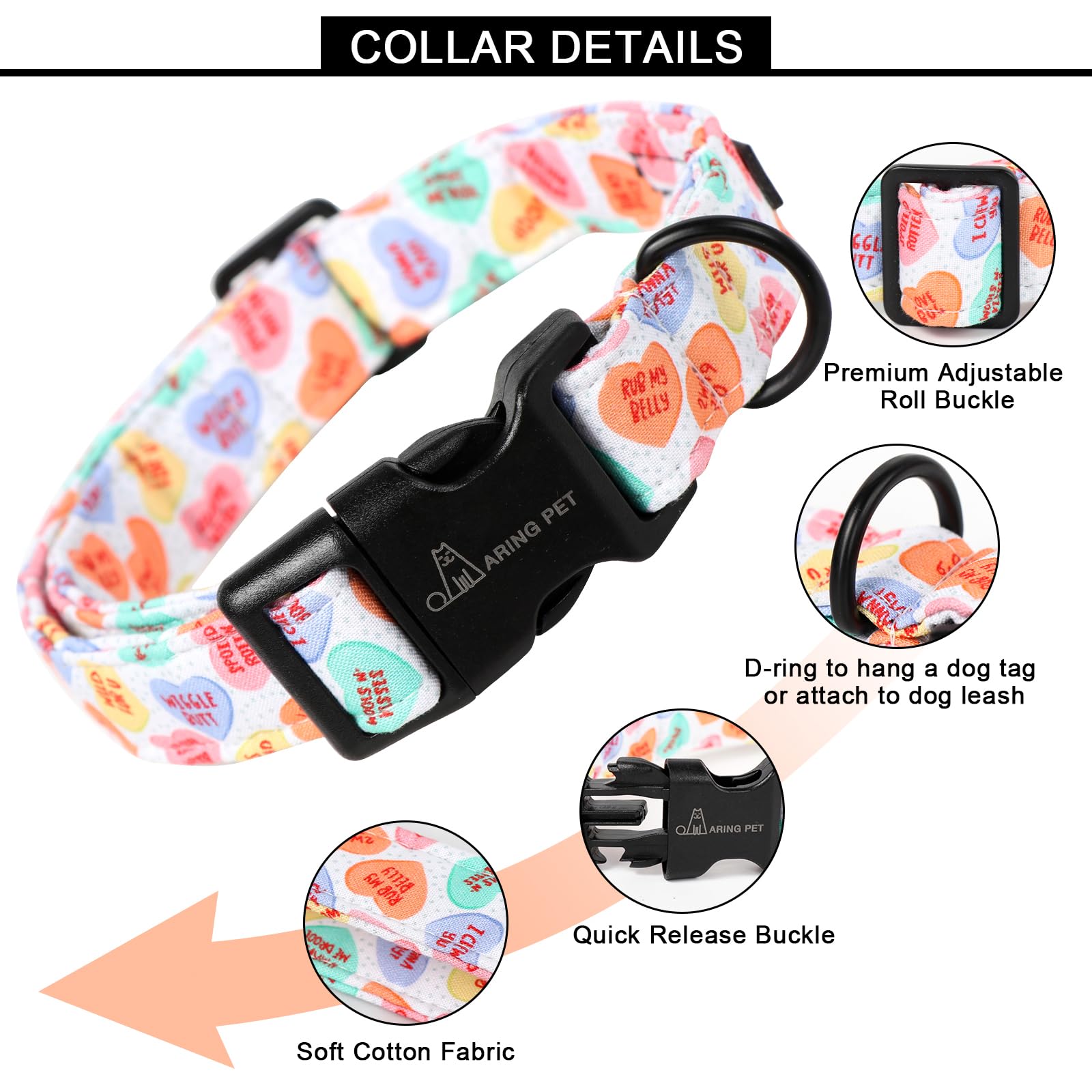 Valentine's Day Dog Collar-Cute Cotton Heart Dog Collars, Adjustable Valentine Candy Heart Pet Collars Girl Puppy Collar with Quick Release Buckle