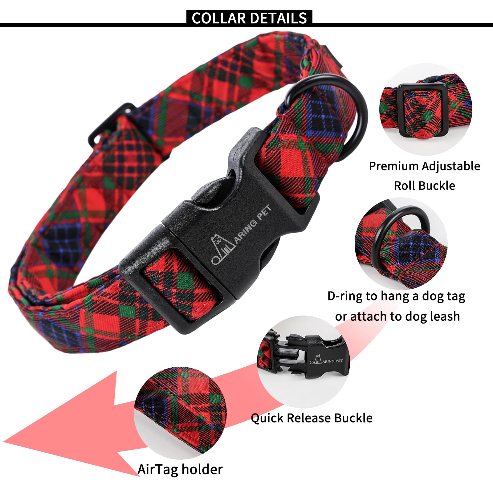 Christmas Dog Collar-Cotton Lightweight Dog Collars, Adjustable Christmas Plaid Pet Collars Puppy Collar with Quick Release Buckle