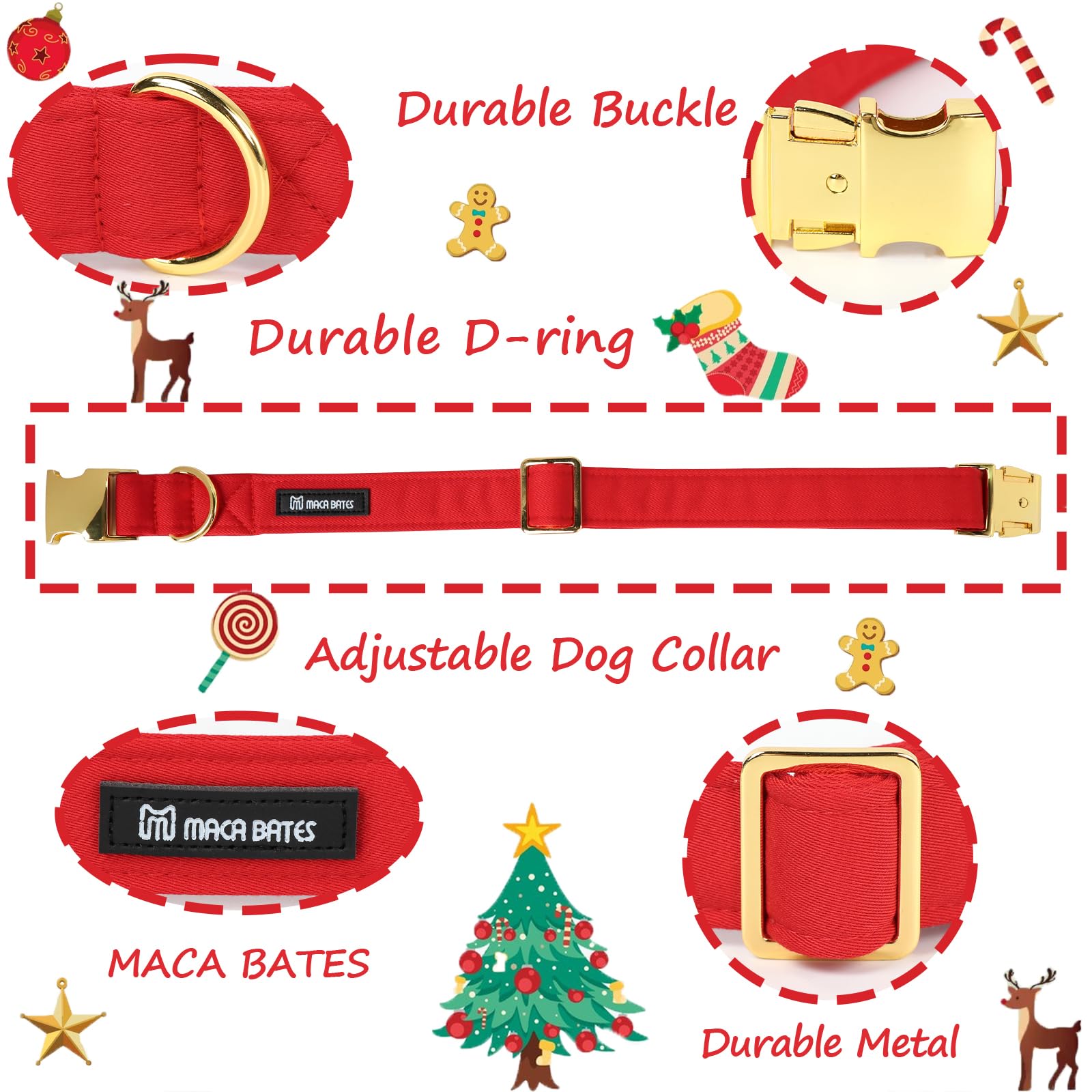 Christmas Collars for Dogs Cotton Soft Red Dog Collar with Metal Buckle Winter Dog Collar Adjustable for Small Medium Large Dog