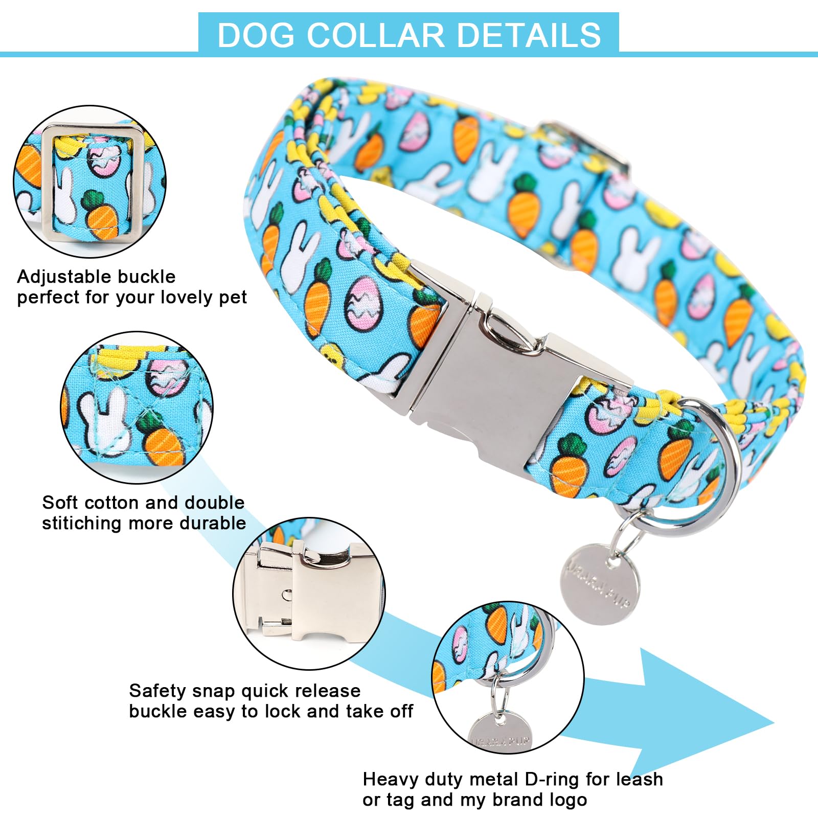 Easter Dog Collar, Cotton Easter Egg Collar for Puppy Girl Boy Dog or Cat, Easter Day Gift Rabbit Dog Collar, Cute Carrot Pet Dog Collar with Metal Buckle