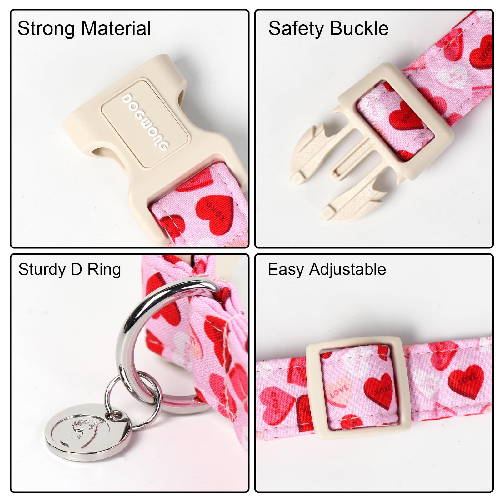 Valentine's Day Dog Collar - Pink Heart Adjustable Cotton Heart Dog Collar - Perfect Dog Collar for Small Medium Large Dogs