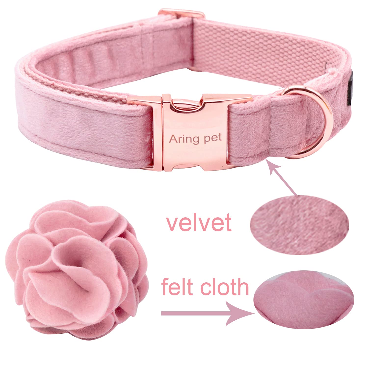 Velvet Dog Collar, Unique Pink Dog Collars with Detachable Felt Flower, Adjustable Soft Velvet Dogs Collar Flower with Metal Buckle for Small Medium Large Dogs