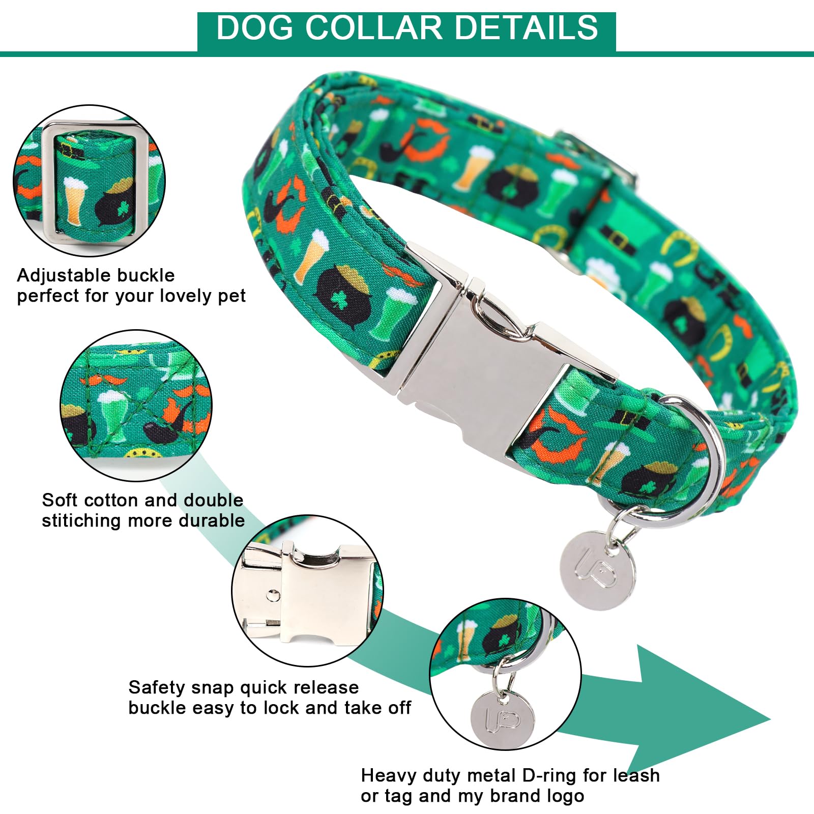 St. Patrick's Day Dog Collar, Cotton St. Patricks Day Clover Collar for Puppy Girl Boy Dog or Cat, Lucky Shamrock Dog Collar with Metal Buckle, Green, Spring