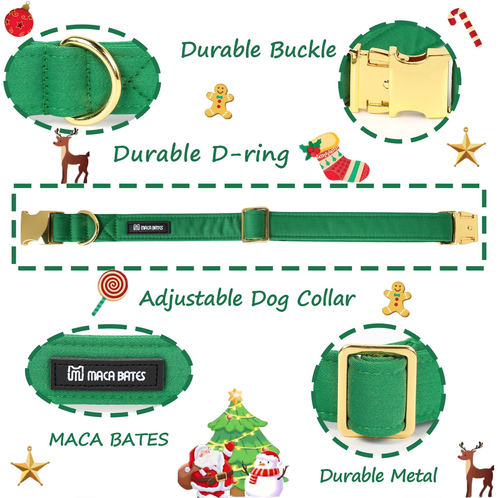Christmas Collars for Dogs Cotton Soft Green Dog Collar with Metal Buckle Winter Dog Collar Adjustable for Small Medium Large Dog
