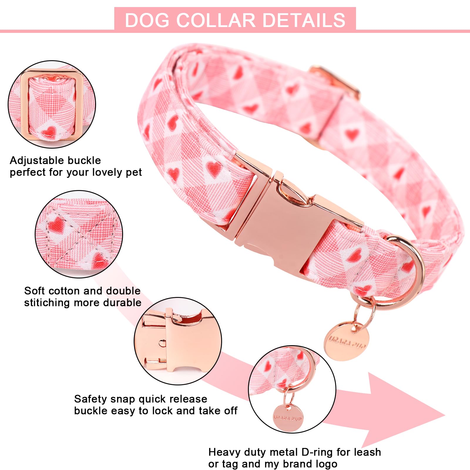 Valentine's Day Dog Collar,Pink Heart Dog Collar for Small Medium Large Girl Boy Dogs or Cats, Wedding Dog Collar Match Dog Leash, Pet Collar with Metal Buckle