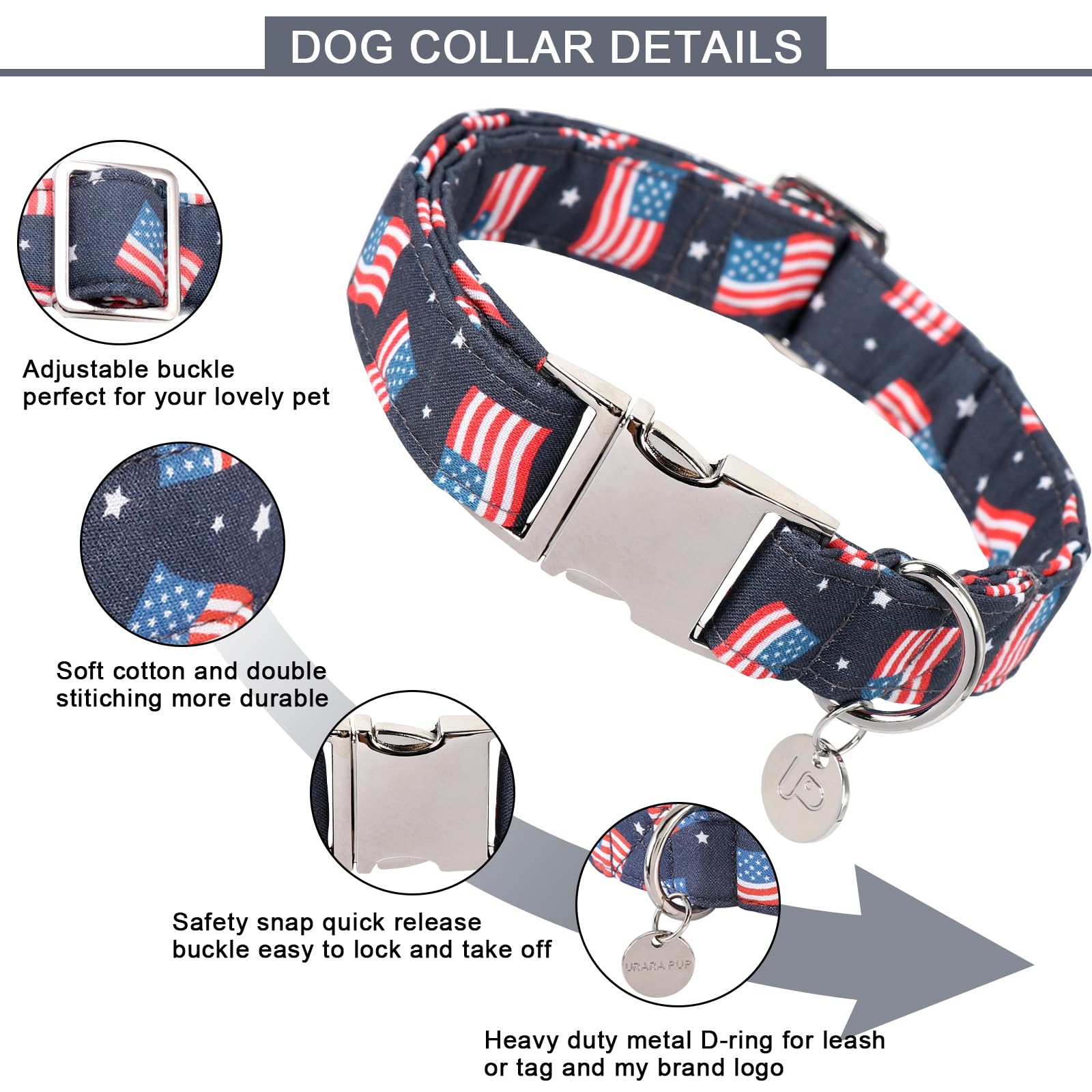 American Flag Dog Collar, 4th of July Comfortable Cotton Cute Dog Collar with Metal Buckle, Patriotic Collar for Puppy Girl Boy Dog or Cat