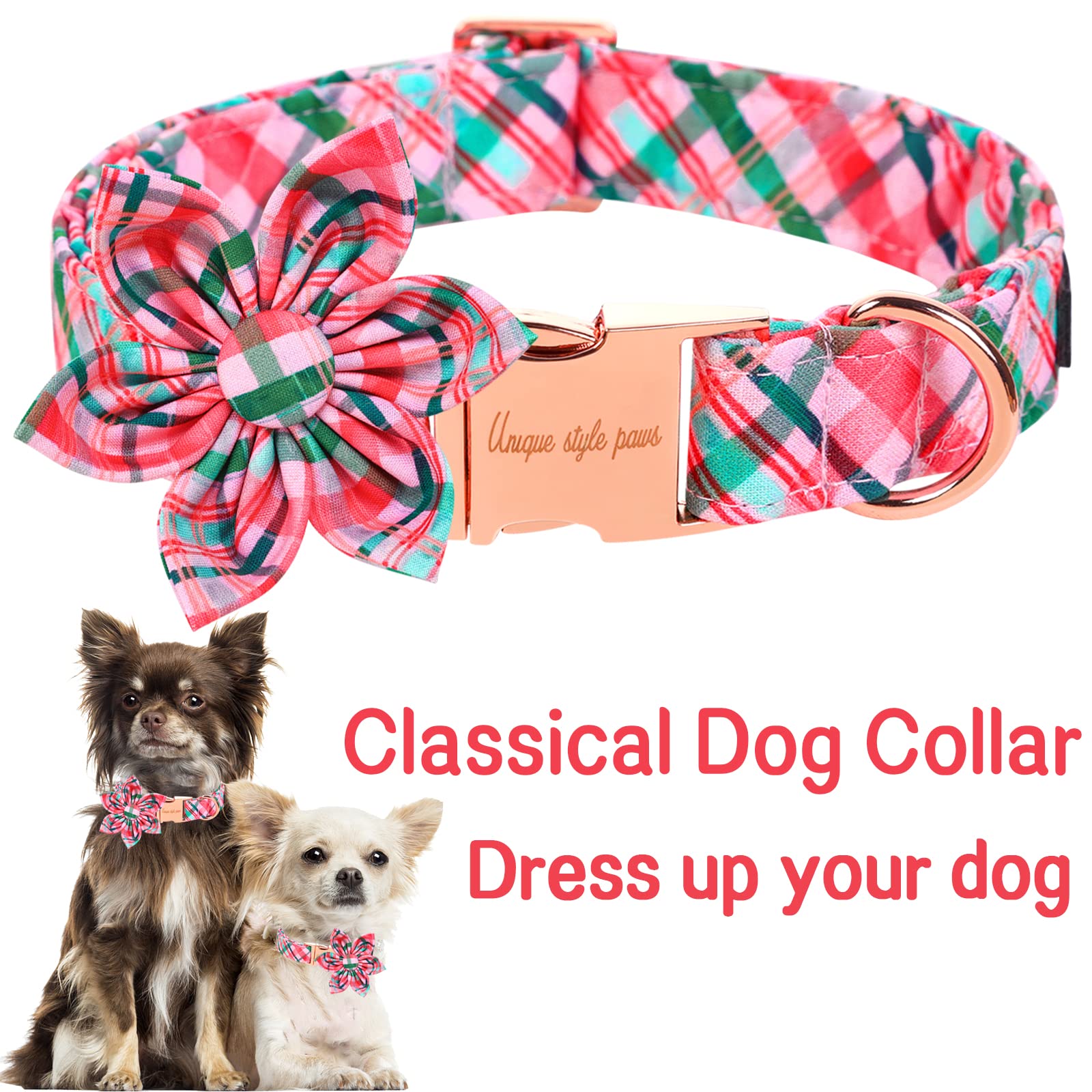 Pink & Green Plaid Dog Collar With Flower