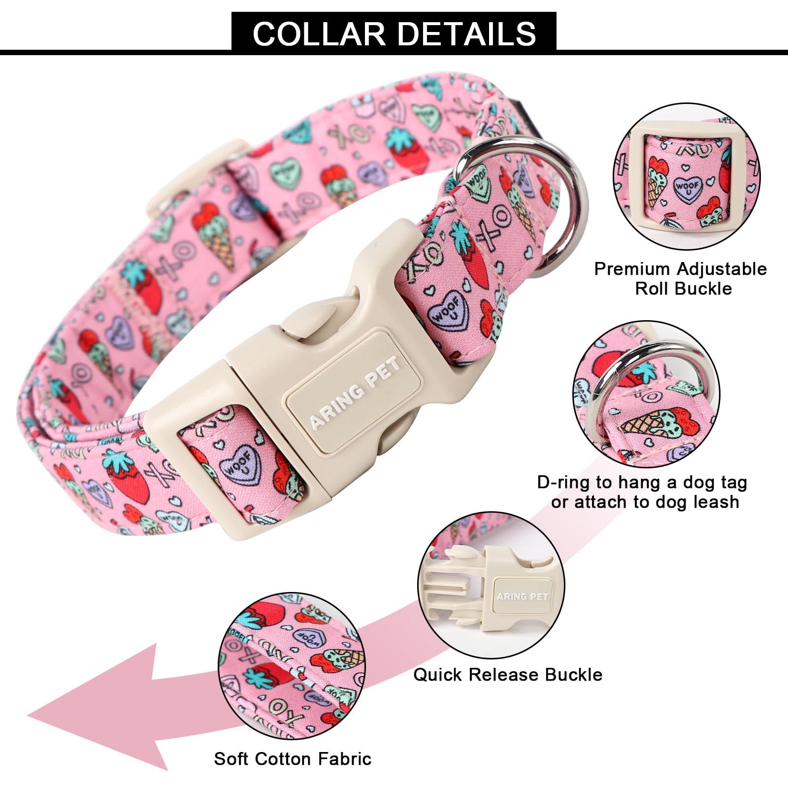 Valentine's Day Dog Collar-Cotton Pink Girl Dog Collars, Adjustable Valentine Pet Collars Puppy Collar with Quick Release Buckle for Girl&Boy Dogs