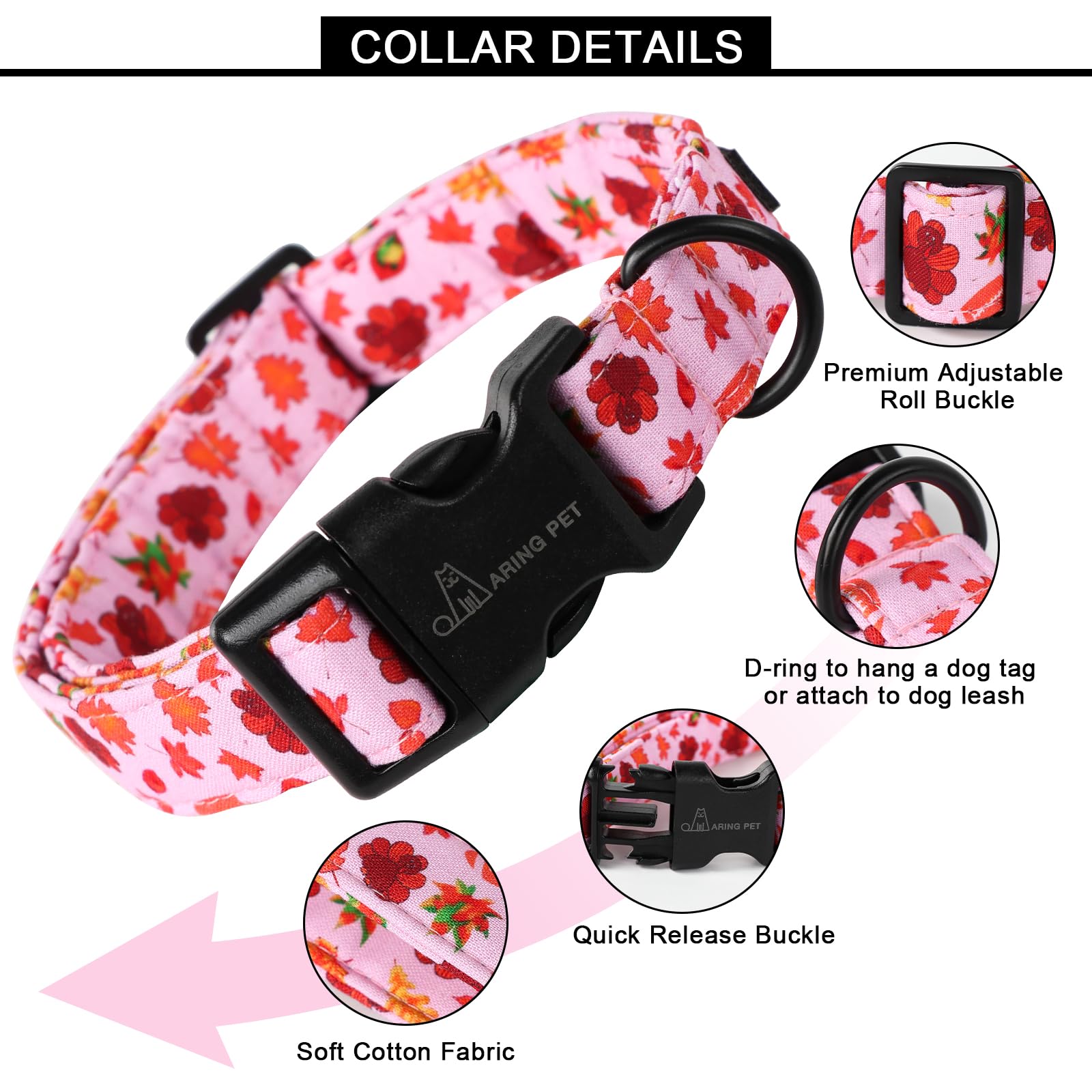 Fall Dog Collar Pink Maple Leaf Rugby Dog Collars, Cotton Lightweight Thanksgiving Turkey Dog Collars Puppy Collar for Small Medium Large Dogs