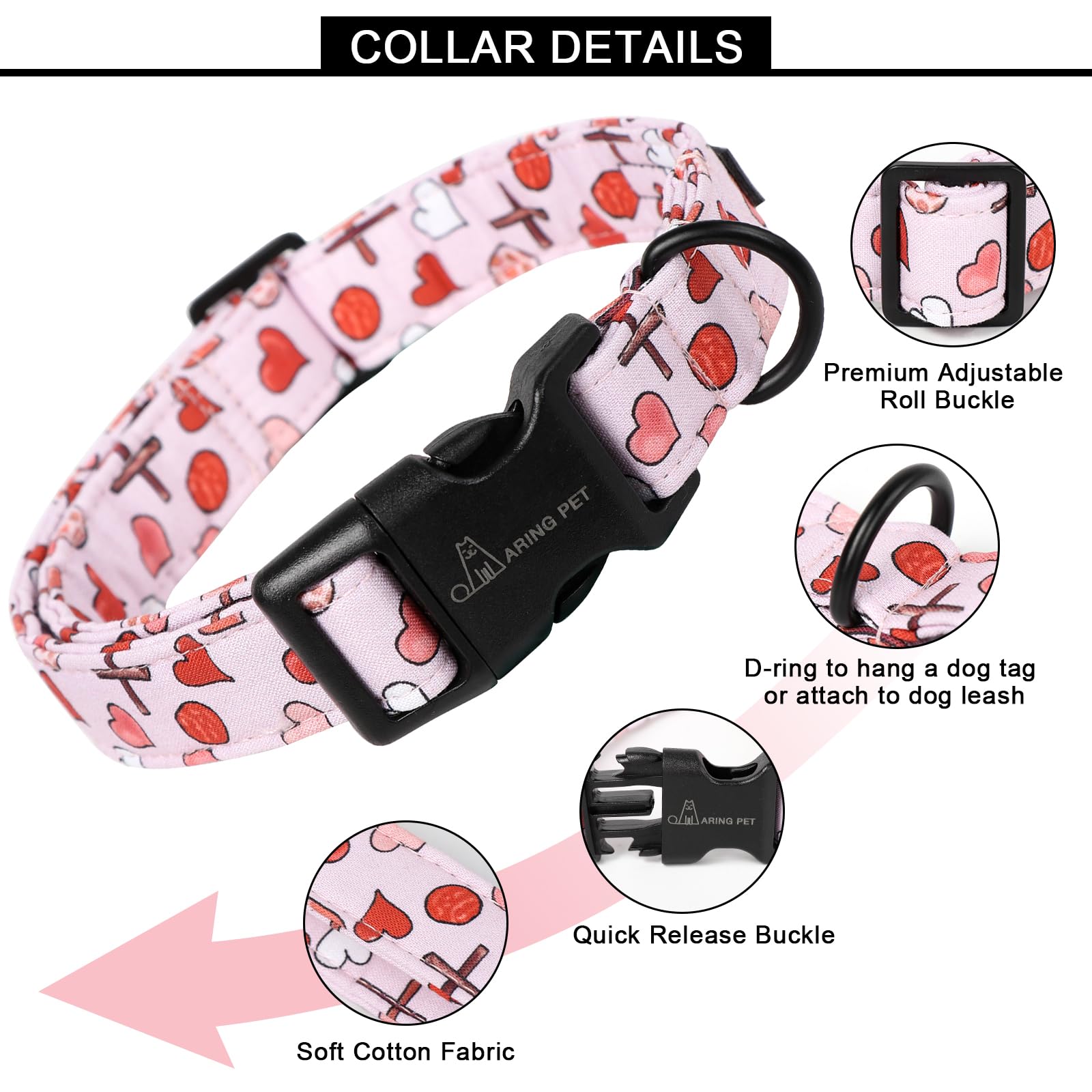 Valentine's Day Dog Collar-Cotton Pink Heart Dog Collars, Adjustable Valentine Pet Collars Girl Puppy Collar with Quick Release Buckle