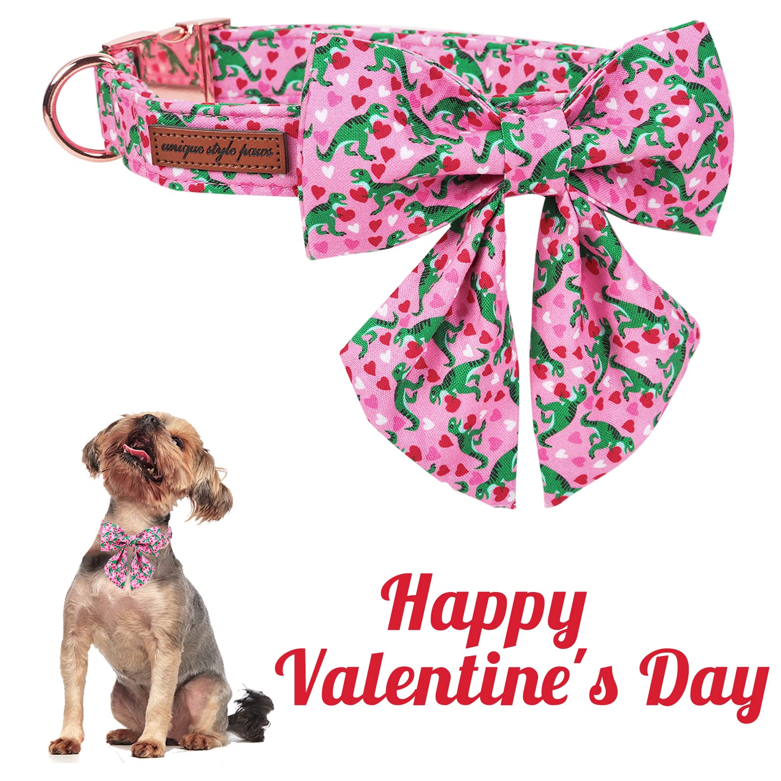 Pink Dinosaur & Heart Puppy Collar with Sailor Bow