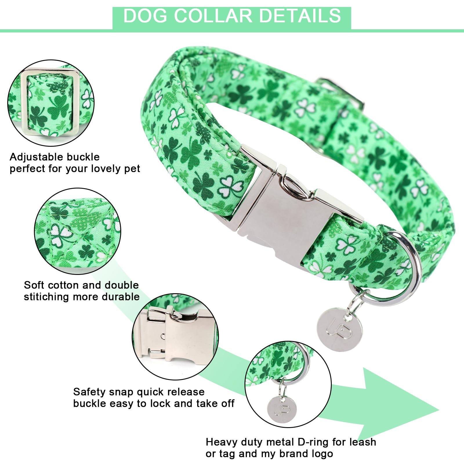 St. Patrick's Day Dog Collar, Cotton St. Patricks Day Clover Collar for Puppy Girl Boy Dog or Cat, Lucky Shamrock Dog Collar with Metal Buckle, Green, Spring