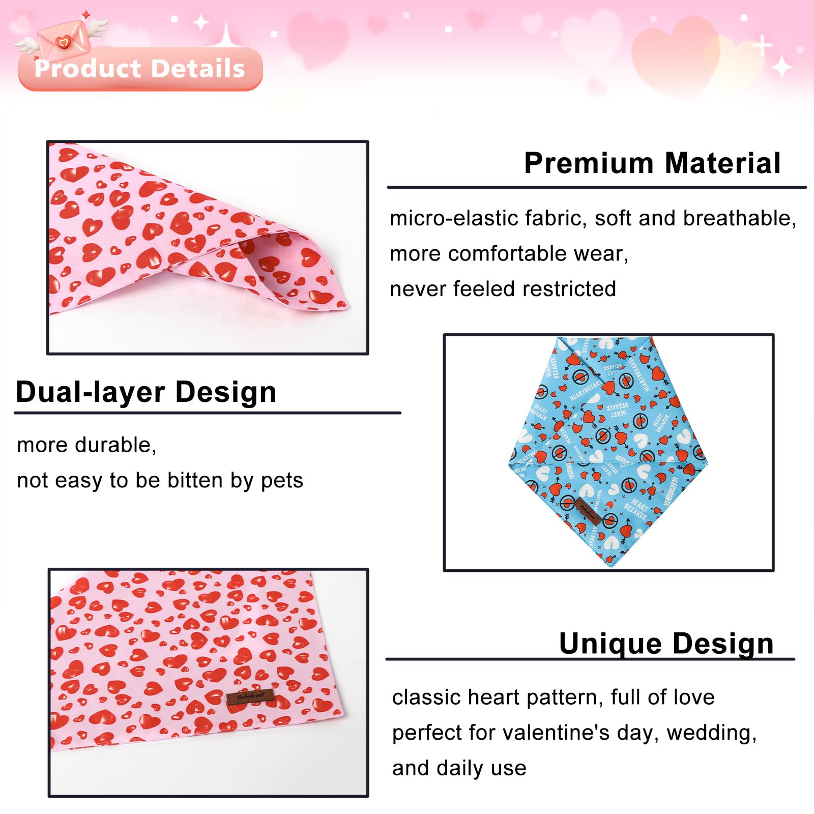Valentine's Day Dog Bandanas 2 Pack, Pink and Blue Heart Pattern Valentines Dog Scarf Bib for Boy and Girl, Cute Holiday Bandana for Dogs and Cats