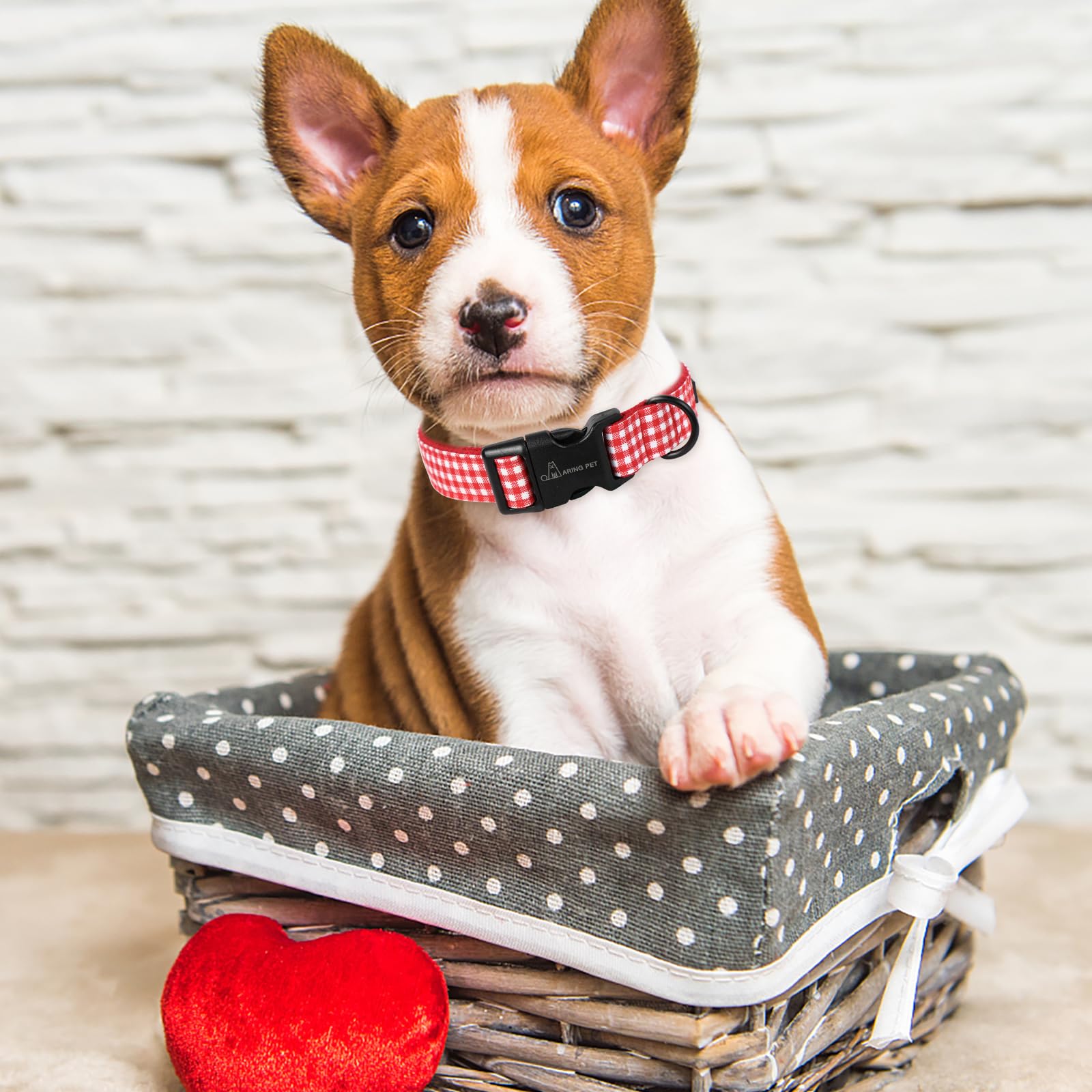Valentine's Day Dog Collar-Cute Cotton Heart Dog Collars, Adjustable Valentine Plaid Pet Collars Girl Puppy Collar with Quick Release Buckle