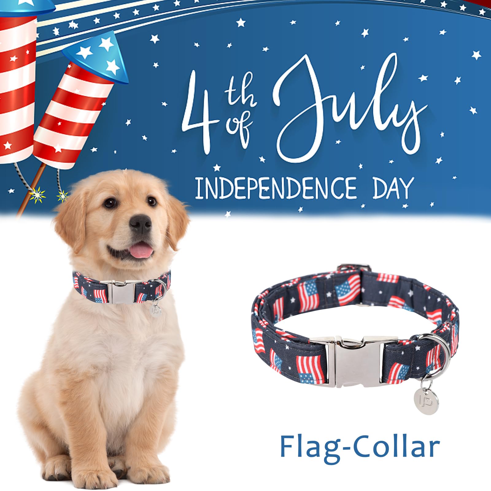 American Flag Dog Collar, 4th of July Comfortable Cotton Cute Dog Collar with Metal Buckle, Patriotic Collar for Puppy Girl Boy Dog or Cat